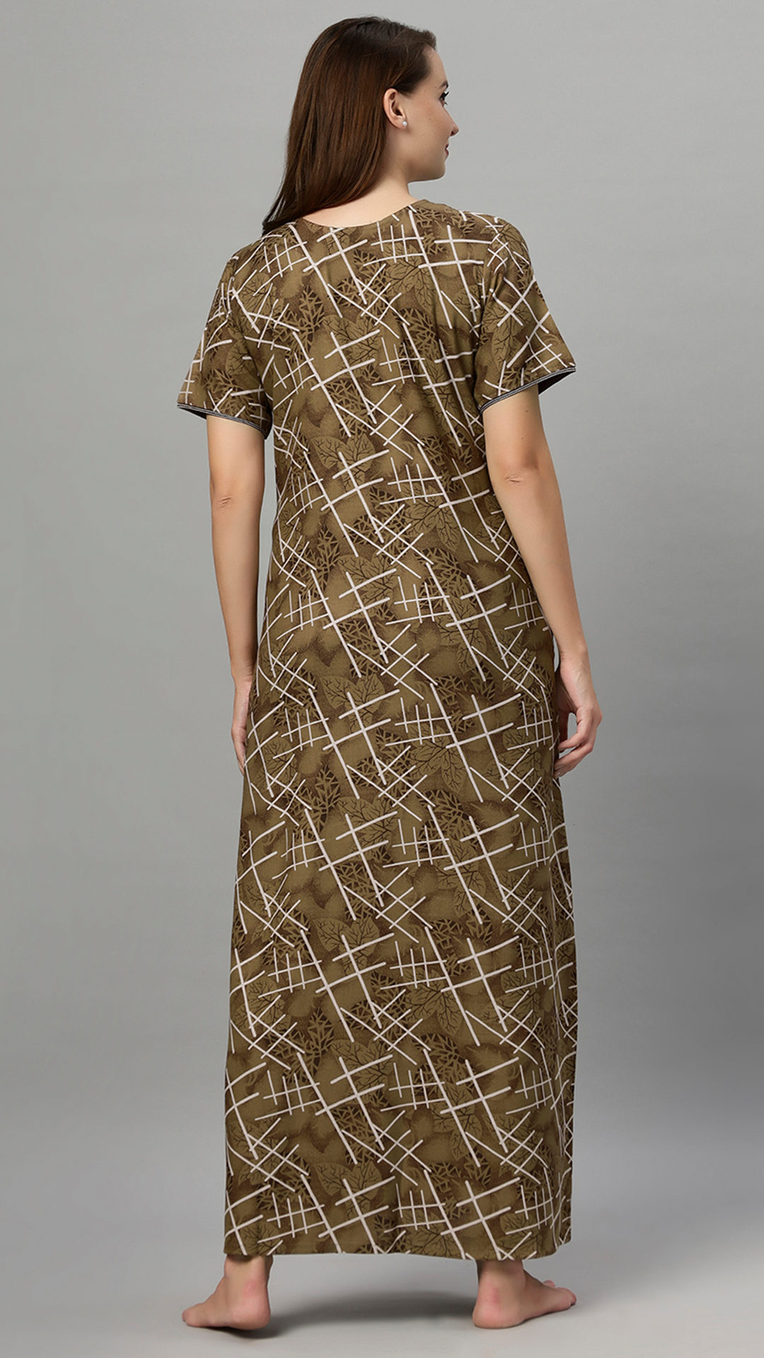 Sukanya Women's Printed Lounge Wear Gown -  Regular Fit, Ideal For: Women's, Occasion Type: Lounge Wear, Fabric Type: Viscose Polyster, Sleeve Type: Half Sleeves, Color: Mustard, Collar: V neck