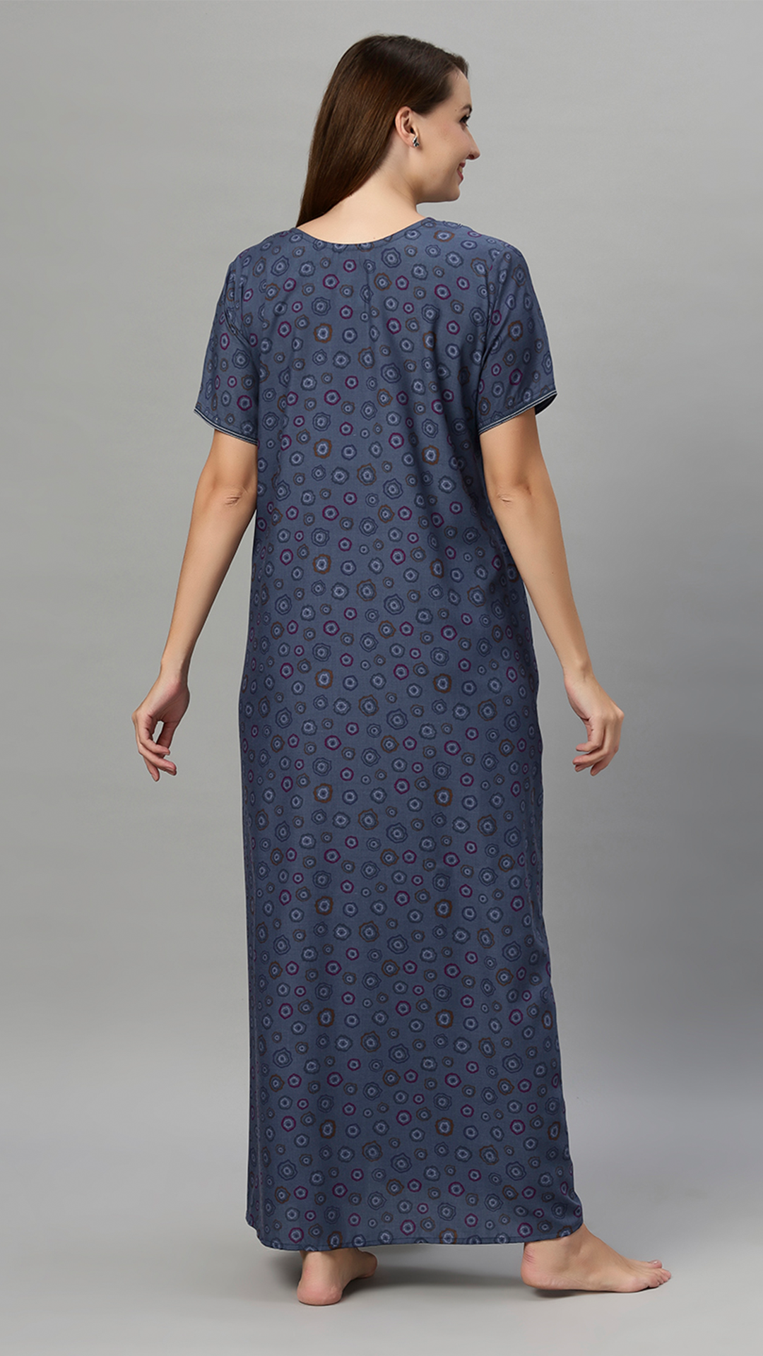 Sukanya Women's Floral Printed Blue, Wine & brown Polly Cotton Lounge Wear Gown - Regular Fit, V Neck, Half Sleeves