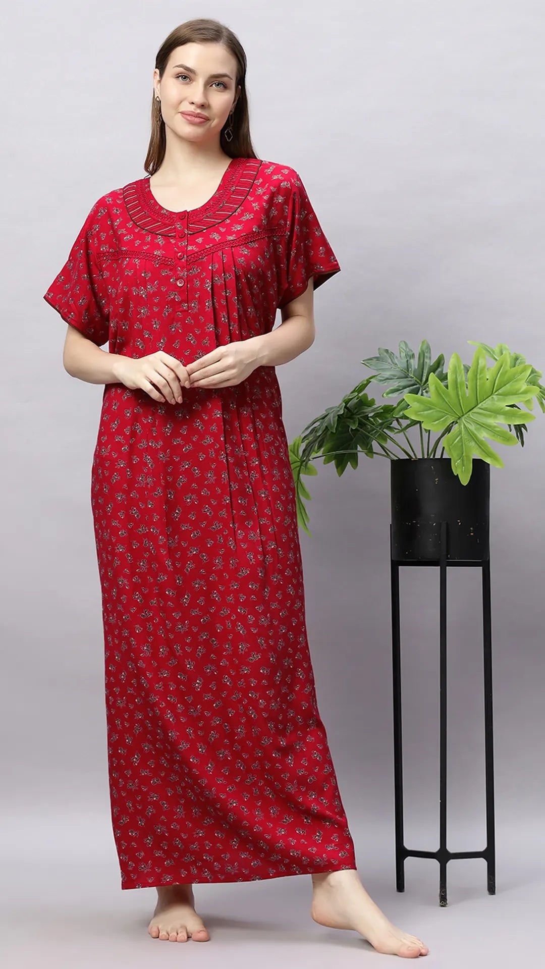 Sukanya Comfortable Women's Full Length Cotton Blend Half Sleeves Nighty, Soft and Elegant Print Sleepwear