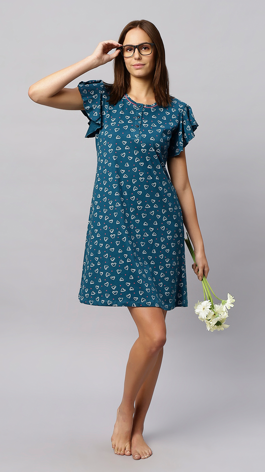 Sukanya Women's Printed Lounge Wear Gown - Green, Regular Fit, Ideal For Women's, Occasion Type: Lounge Wear,  Sinker, : Half Sleeves, Green,  Round Neck
