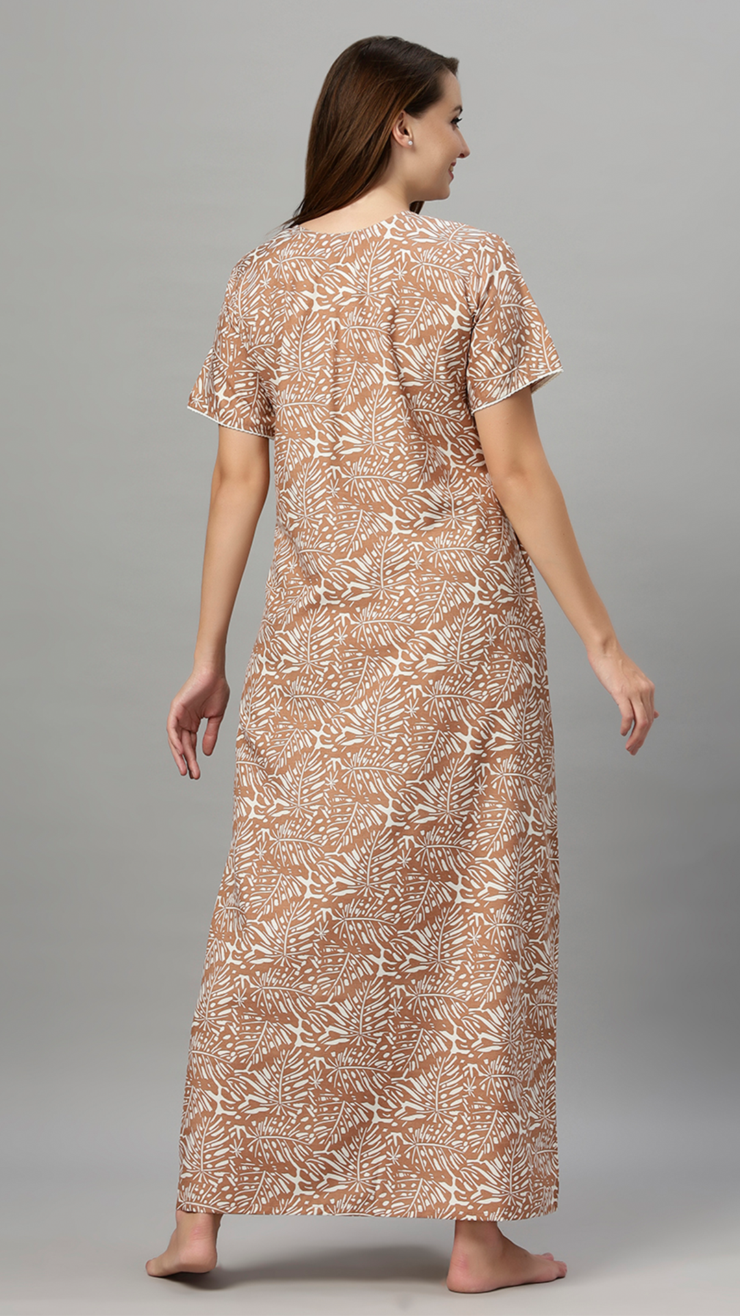 Sukanya Women's Printed Gowns - Poly Cotton, Regular Fit, Lounge Wear, Half Sleeves, V Neck, Green, Rust