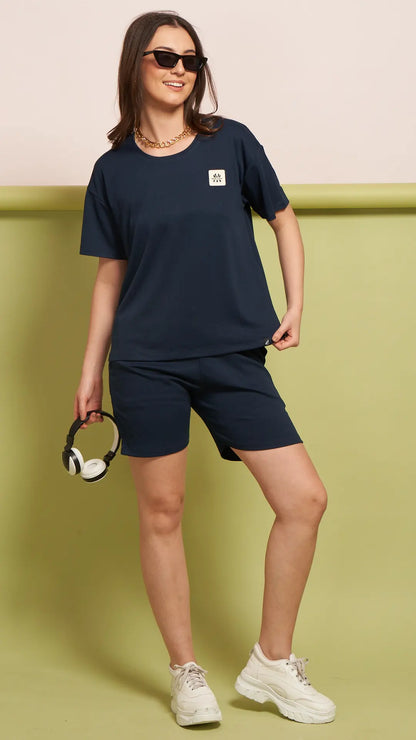 Lunica Women's Printed Sinker Nightsuit Set , Regular Fit Loungewear , Ideal for Women ,  Lounge Wear Nightdress Bermuda Set Sleepwear , Ink Blue Printed Half Sleeves Round Neck