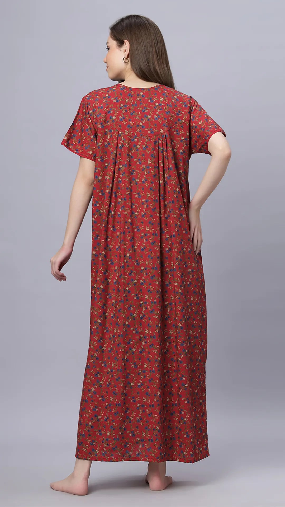 Sukanya Comfortable Women's Full Length Cotton Blend Half Sleeves Nighty, Red, Black & Blue, Soft and Elegant Print Sleepwear