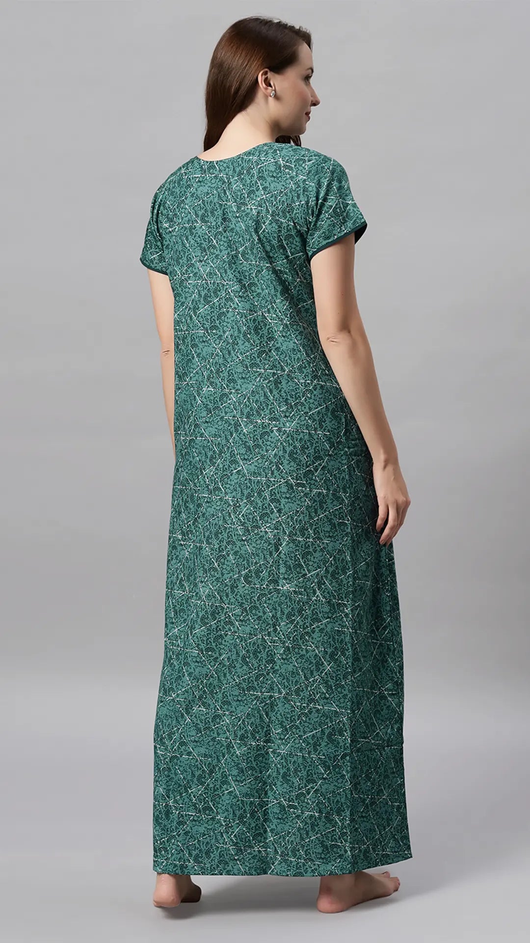 Sukanya Women's Printed Poly Cotton Lounge Wear Gown - Brown, Regular Fit, Ideal For: Women's, Occasion: Lounge Wear, Sleeve Type: Half Sleeves, Collar Type: V-neck