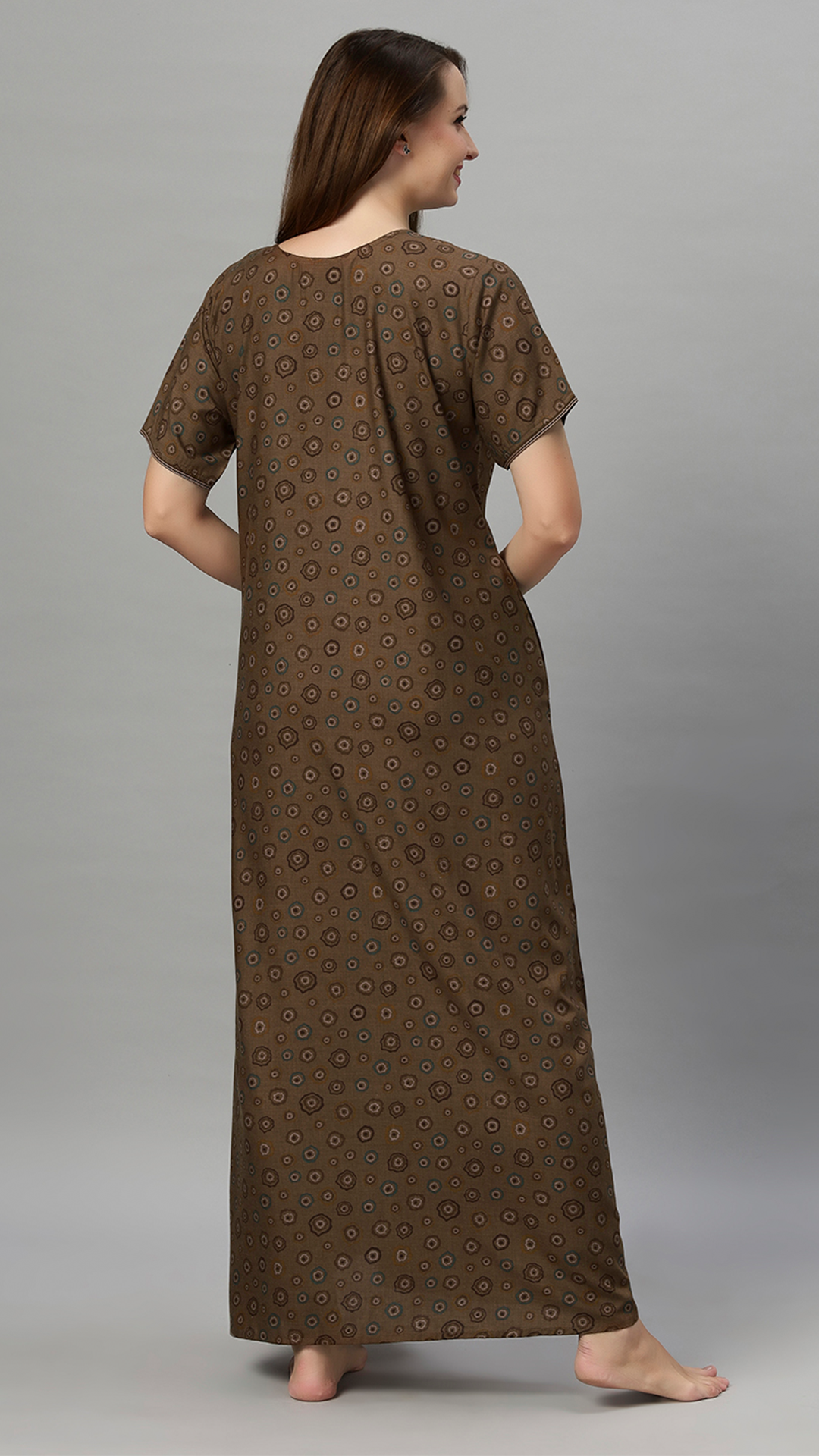 Sukanya Women's Floral Printed Blue, Wine & brown Polly Cotton Lounge Wear Gown - Regular Fit, V Neck, Half Sleeves