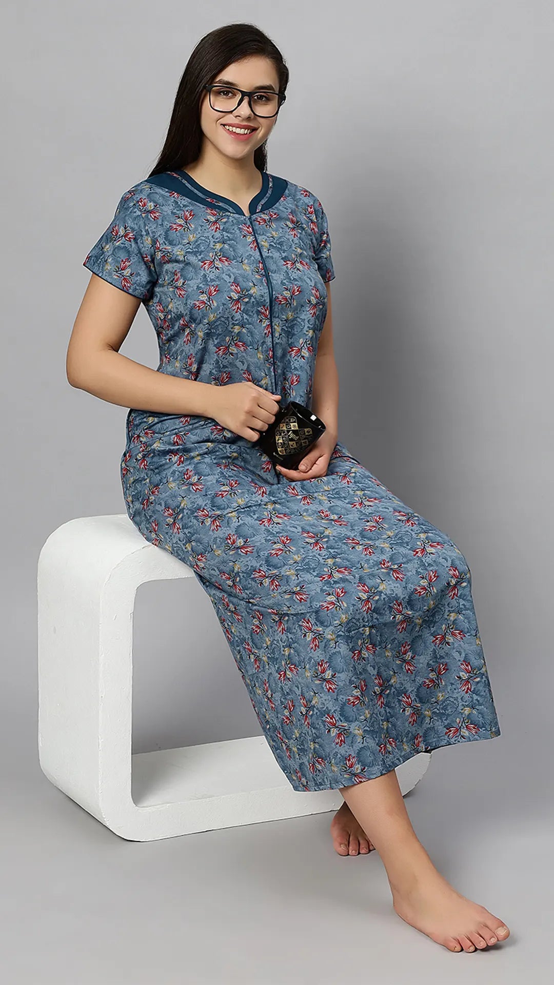 Sukanya Women's Blue Formal Lounge Wear Dress - Poly Cotton, Long, Half Sleeves