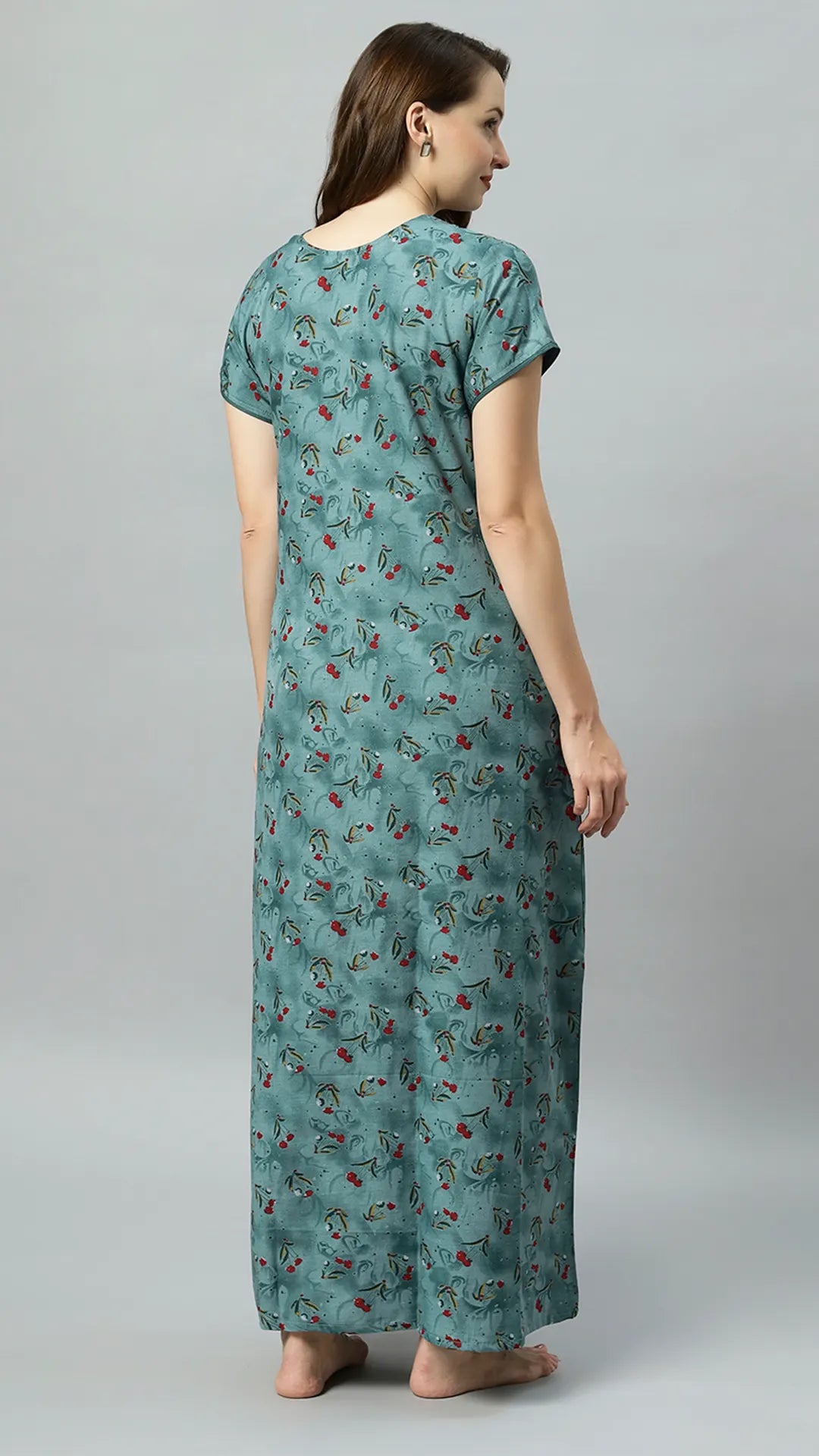 Sukanya Women's Blue, Green & Red, Floral Printed Poly Cotton Lounge Wear Gown - Regular Fit, V-neck, Half Sleeves
