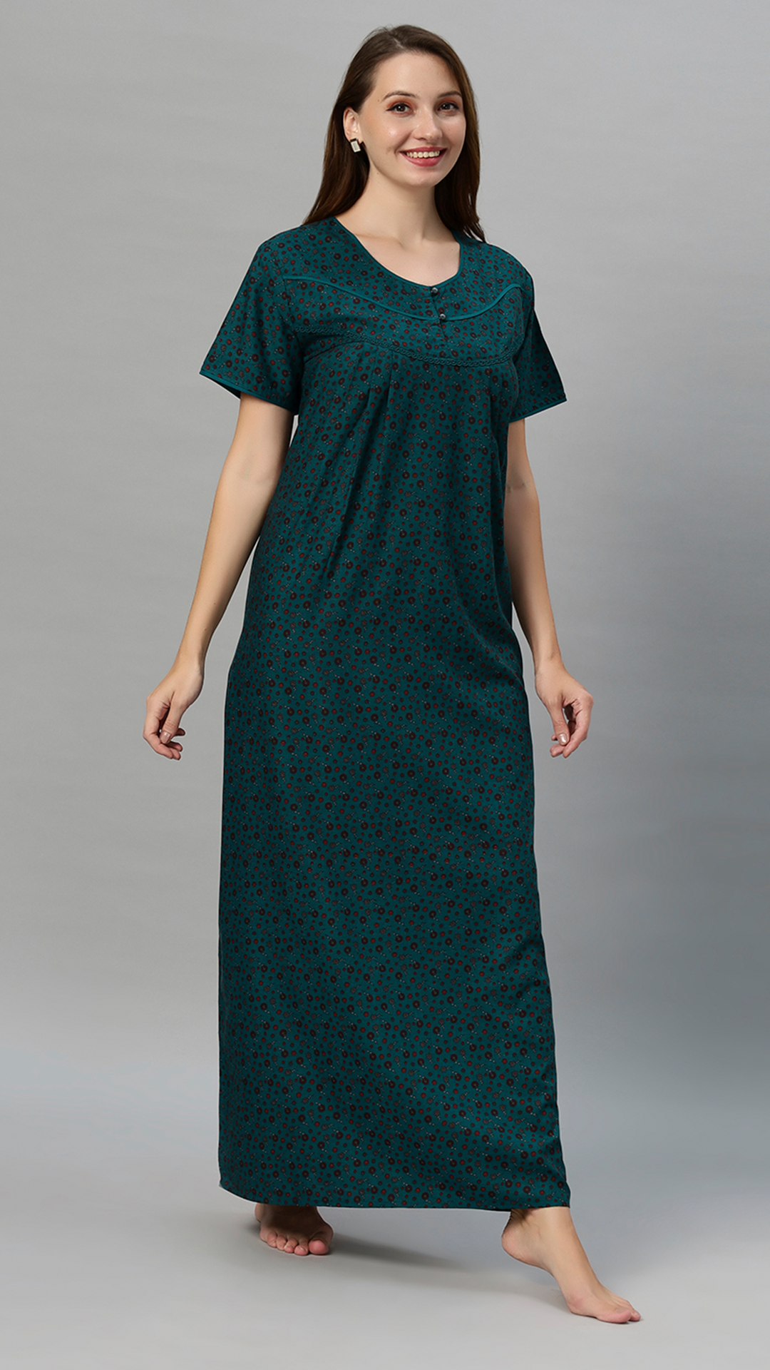 Sukanya Women's Floral Print Gown - Poly Cotton, Regular Fit, Lounge Wear, Half Sleeves, Round Neck, Wine, Green & Mustard