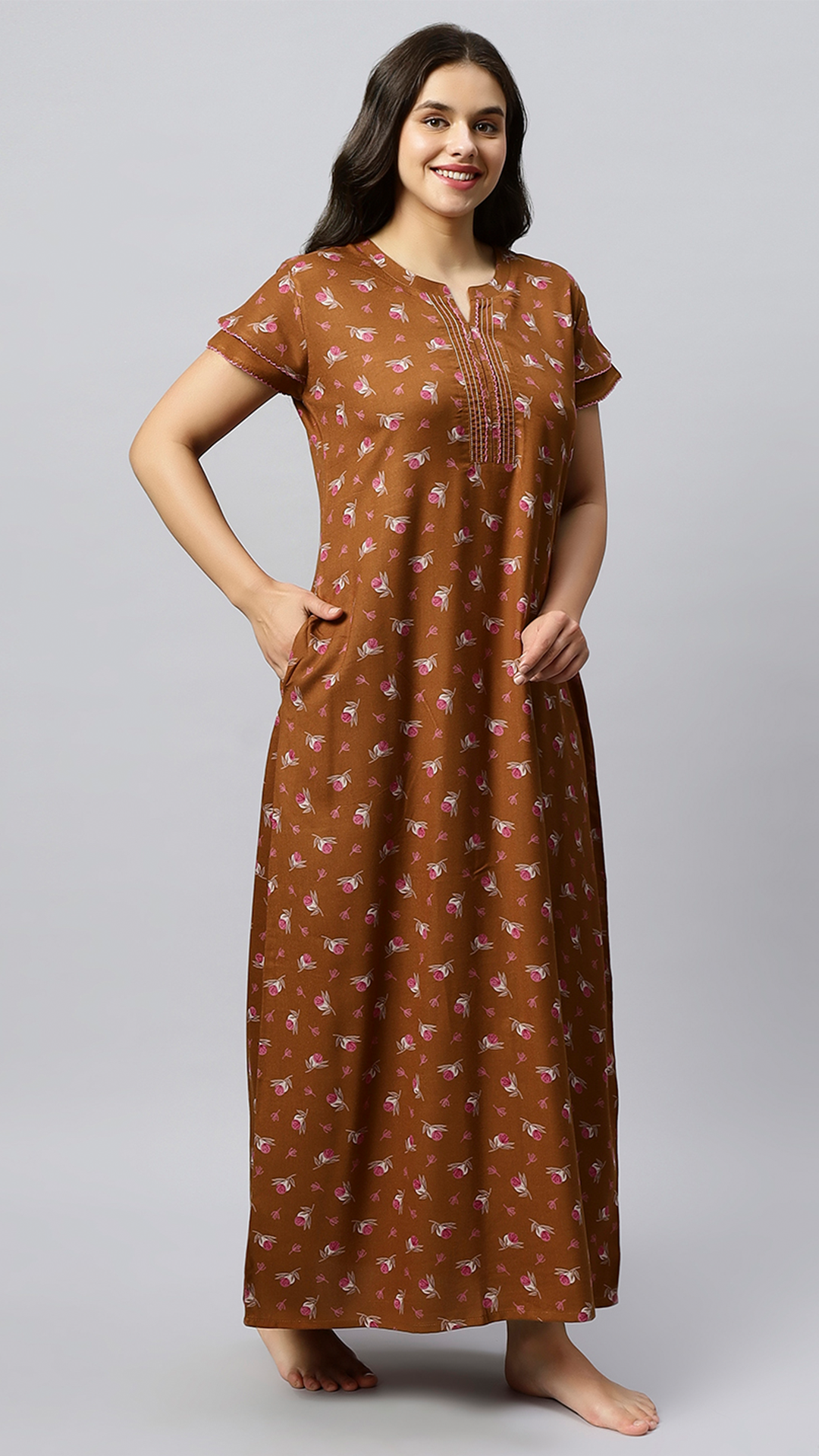 Sukanya Women's Floral Lounge Wear Gown - Regular Fit, Ideal for Women's, Lounge Wear,  Viscose Rayon, Floral, Half Sleeves, Round, Wine, Green & Mustard