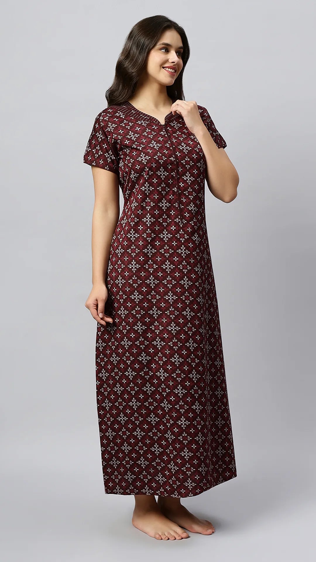 Sukanya Women's Geometrical Lounge Wear Gown - Coffee, Blue & Wine Poly Cotton, Regular Fit, Half Sleeves, Round Neck