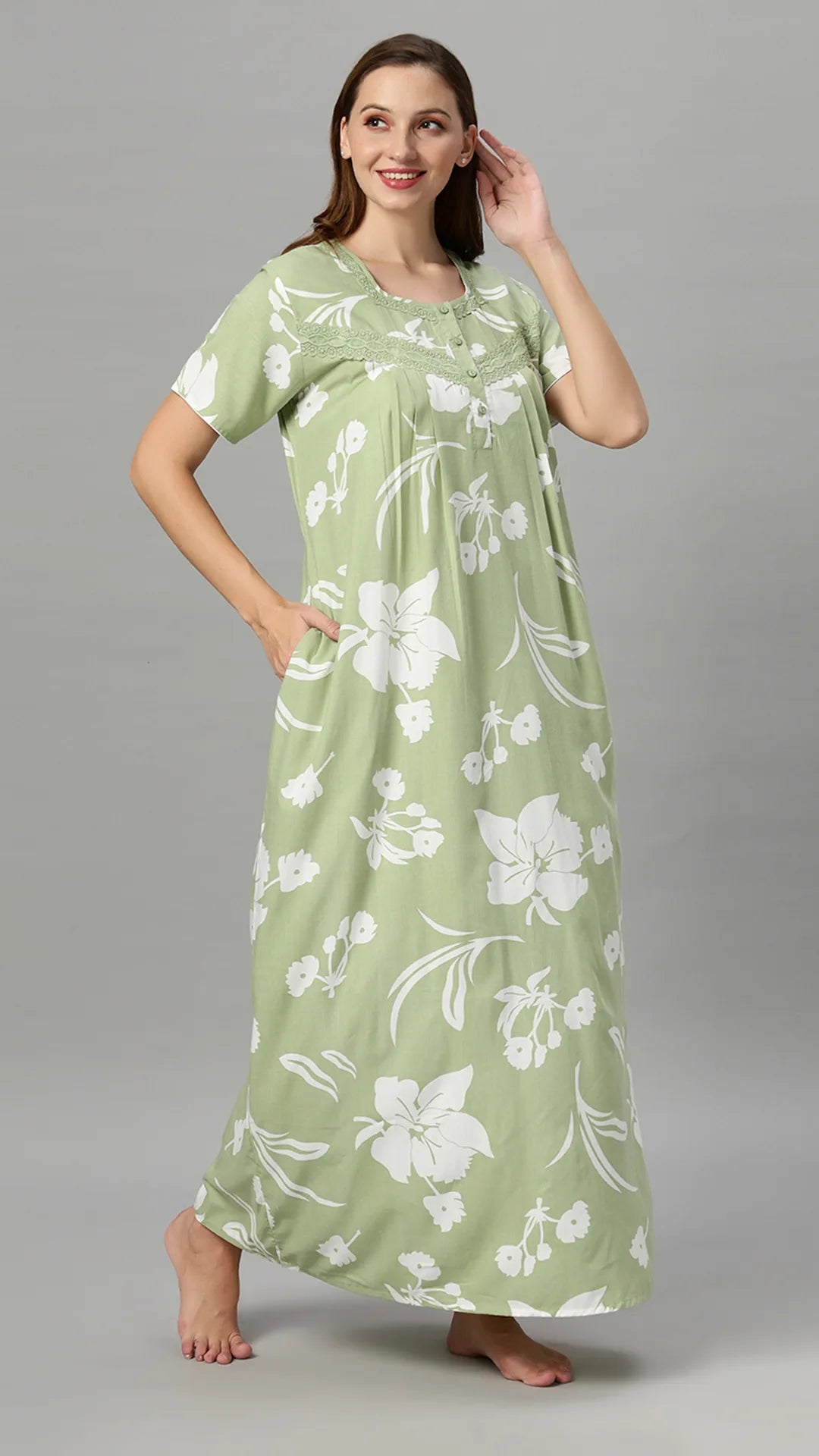 Sukanya Women's Floral Print Lounge Wear Gown -  Poly Cotton, Regular Fit, Half Sleeves, Round Neck, Light Purple, Light Green & Sky Blue