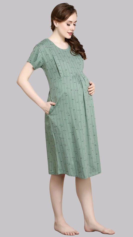 Sukanya Women's Cotton  Calf Length Maternity Nighty / Green Printed Half Sleeves Round Neck