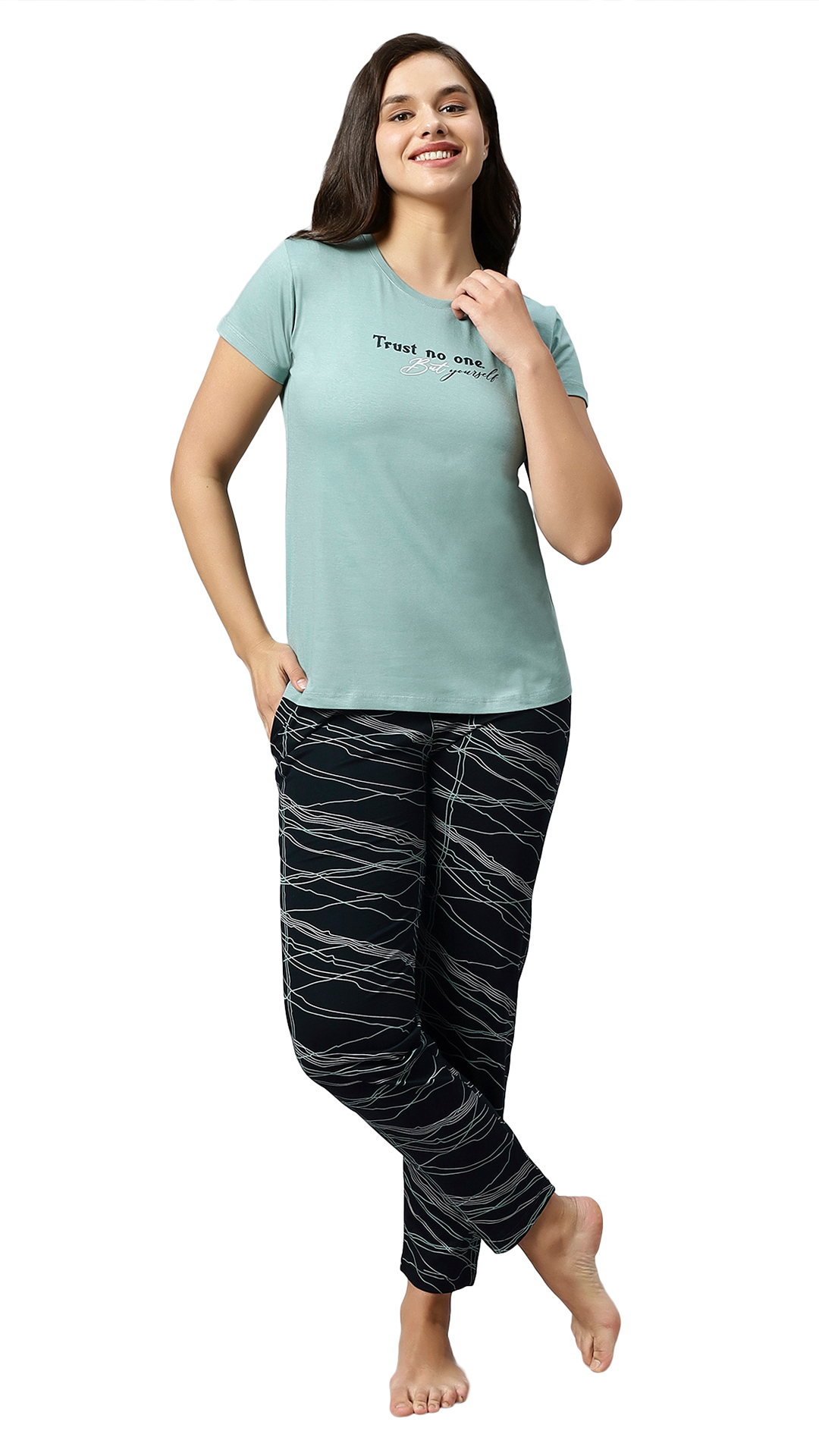 Sukanya Women's Printed Top & Pyjama Set, Regular Fit, Ideal For Lounge Wear, Sinker Fabric, Half Sleeve, Round Neck, Pista