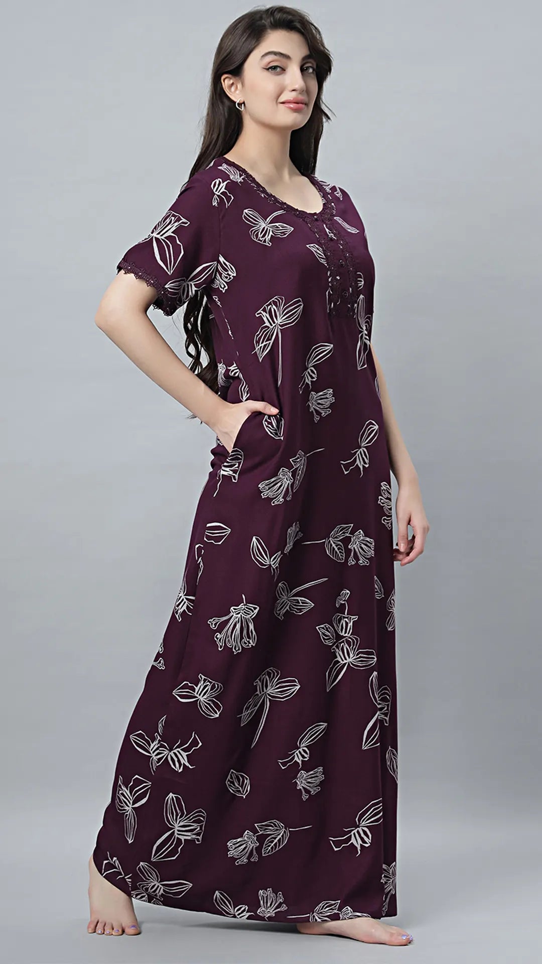 Sukanya Women's Black, Navy Blue & wine, Cotton Blend Printed Nighty - Half Sleeves, Round Neck, Long