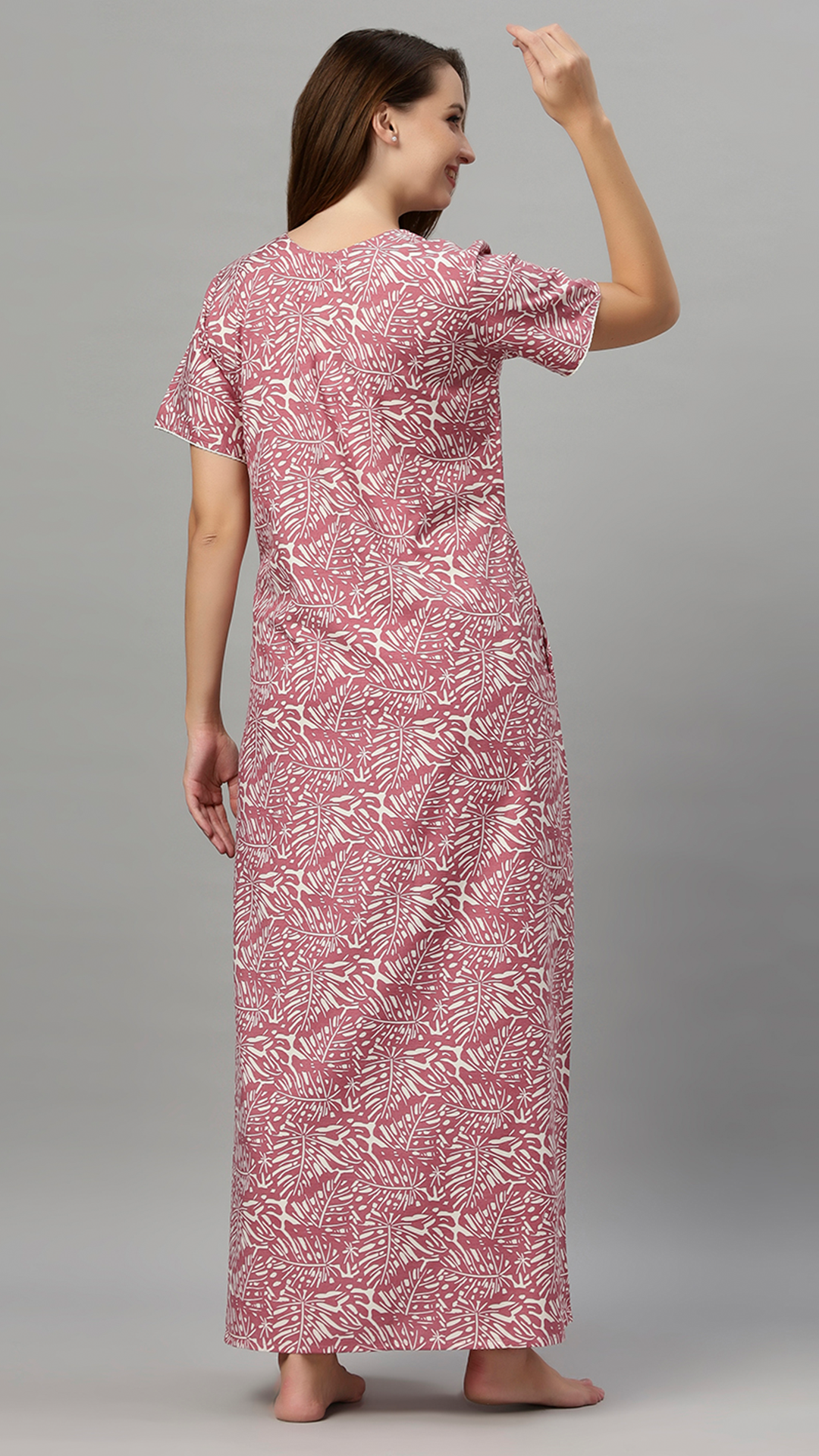 Sukanya Women's Printed Gowns - Poly Cotton, Regular Fit, Lounge Wear, Half Sleeves, V Neck, Green, Rust