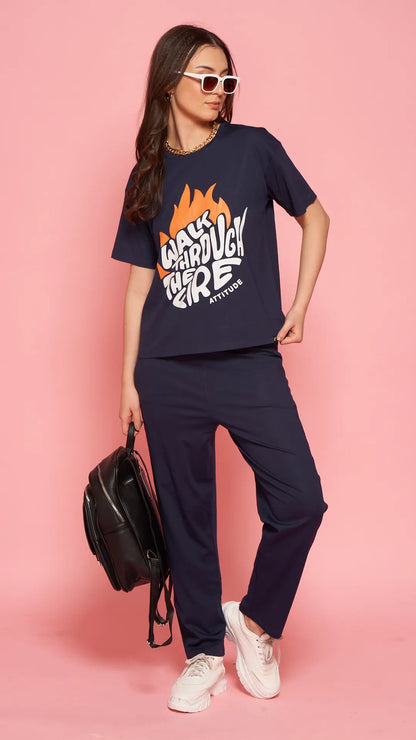 Lunica Women's Printed Sinker Nightsuit Set , Regular Fit Loungewear , Ideal for Women , Lounge Wear Nightdress Pyjama Set Sleepwear , Navy Printed Half Sleeves Round Neck