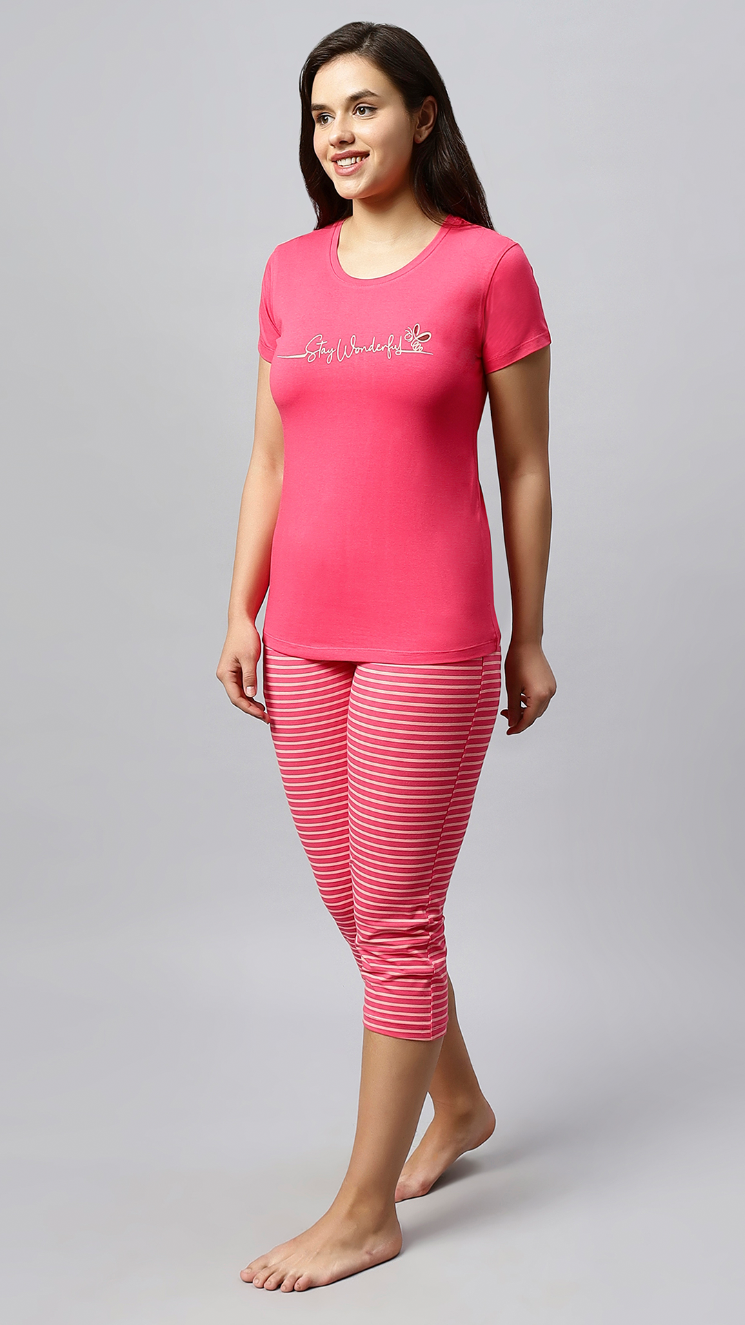 Sukanya Women's Printed Lounge wear Top & Capri Set - Pink, Sinker Fabric, Regular Fit, Ideal For Women's, Lounge Wear, Half Sleeve, Round Neck