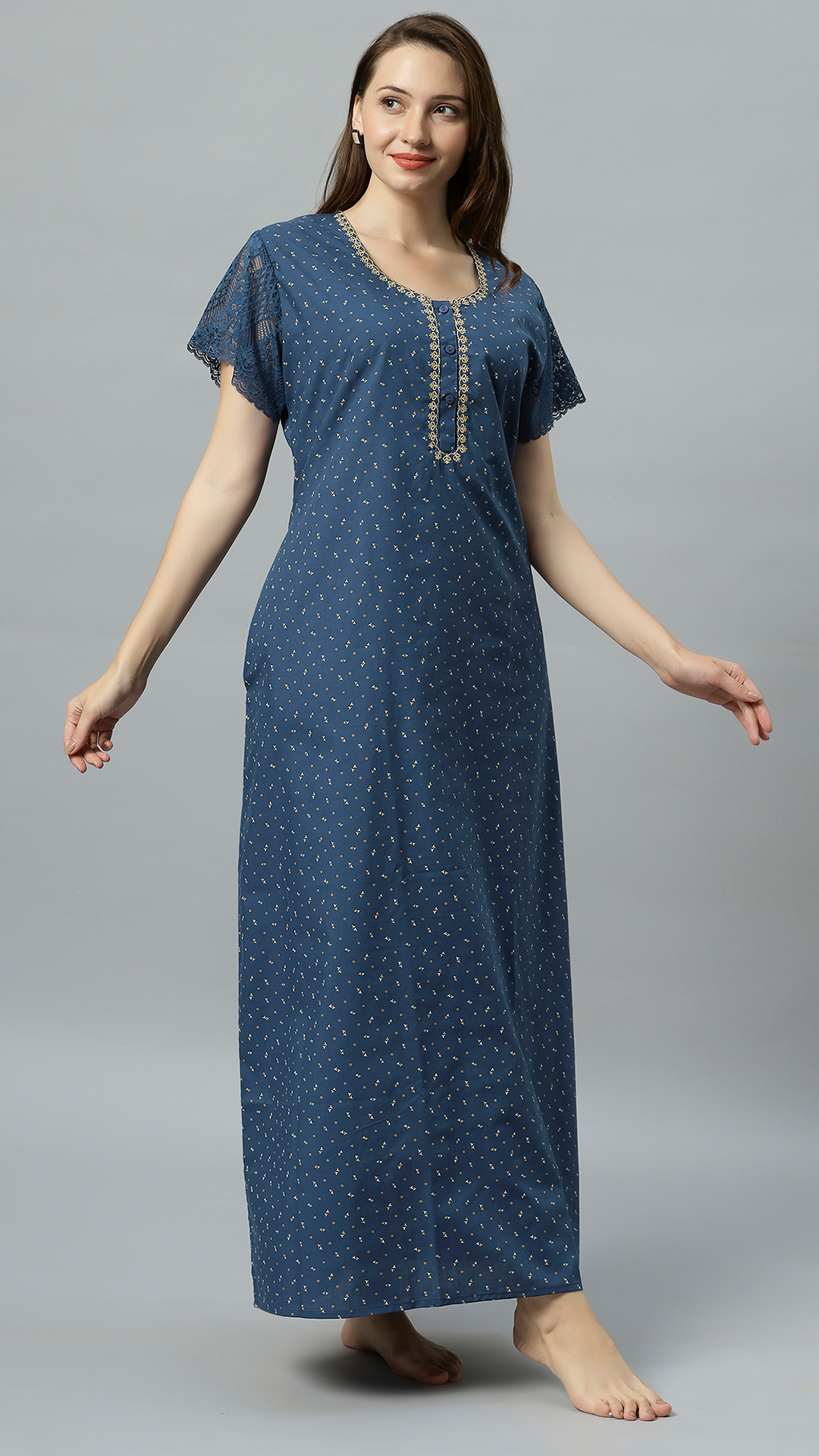 Sukanya Women's Embroidered Poly Cotton Lounge Wear Gown -  Regular Fit, Ideal For Women's, Lounge Wear, Half Sleeves, Round Neck