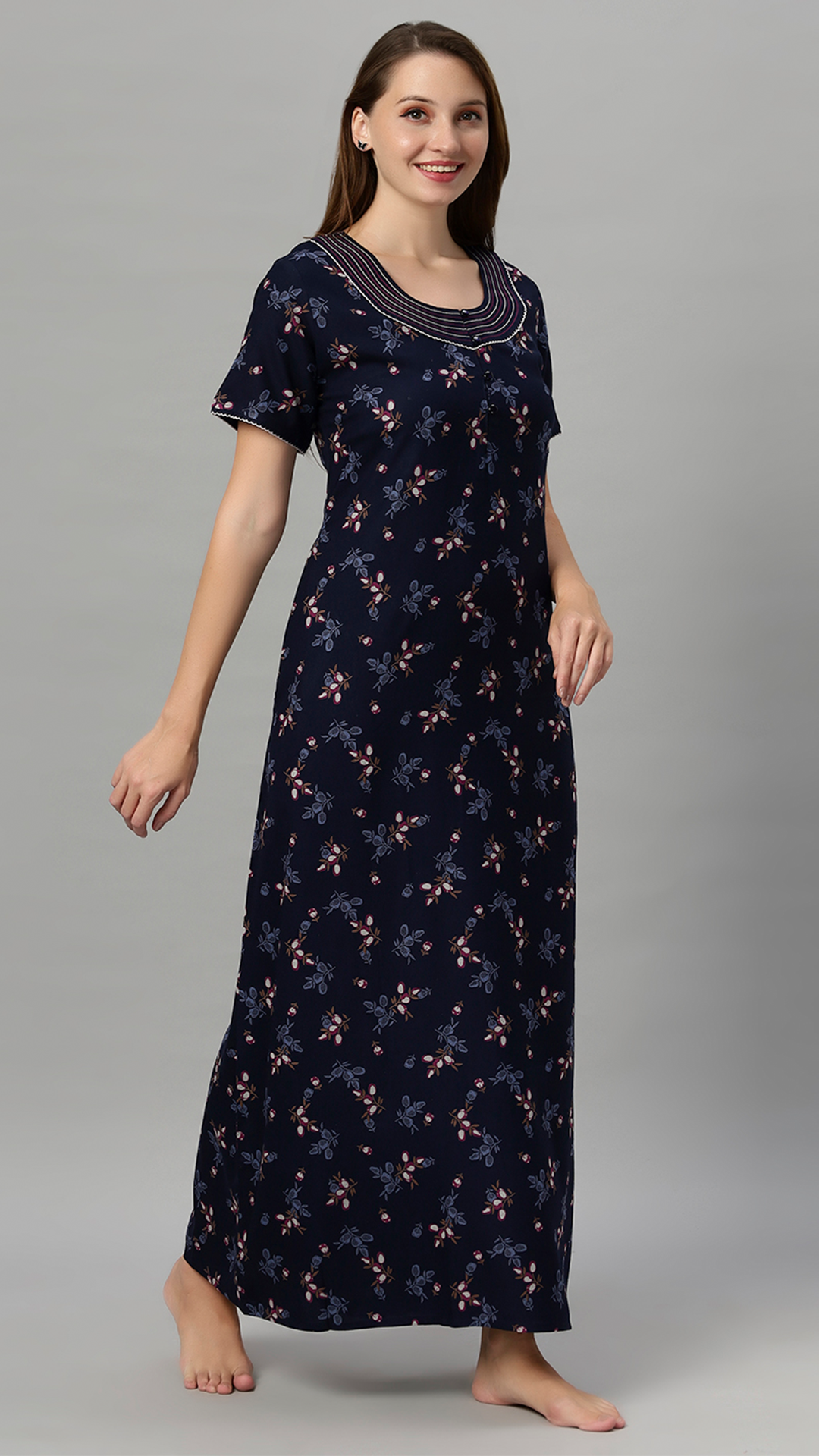 Sukanya Women's Leaf Print Lounge Wear Gown -VISCOSE POLYSTER, Regular Fit, Half Sleeves, Round Neck