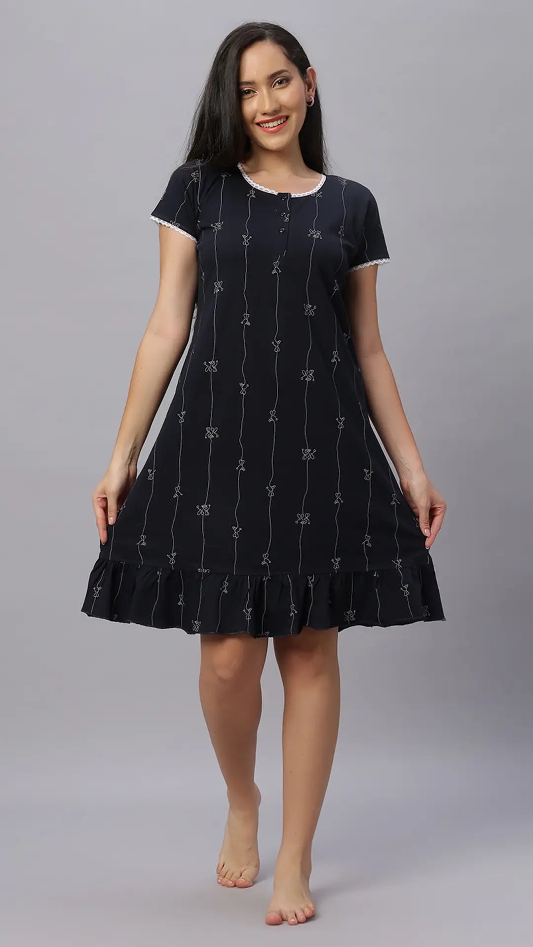 Sukanya  Women's Printed Lounge Wear Gown - Navy, Regular Fit, Ideal for Women's, Sinker Fabric, Half Sleeves, Round Neck