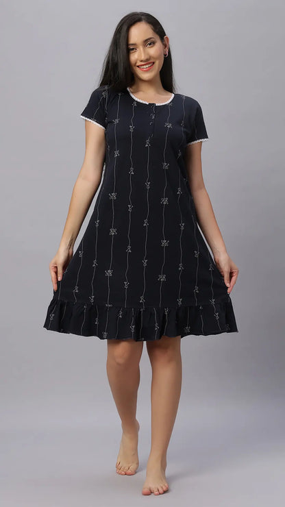 Sukanya  Women's Printed Lounge Wear Gown - Navy, Regular Fit, Ideal for Women's, Sinker Fabric, Half Sleeves, Round Neck