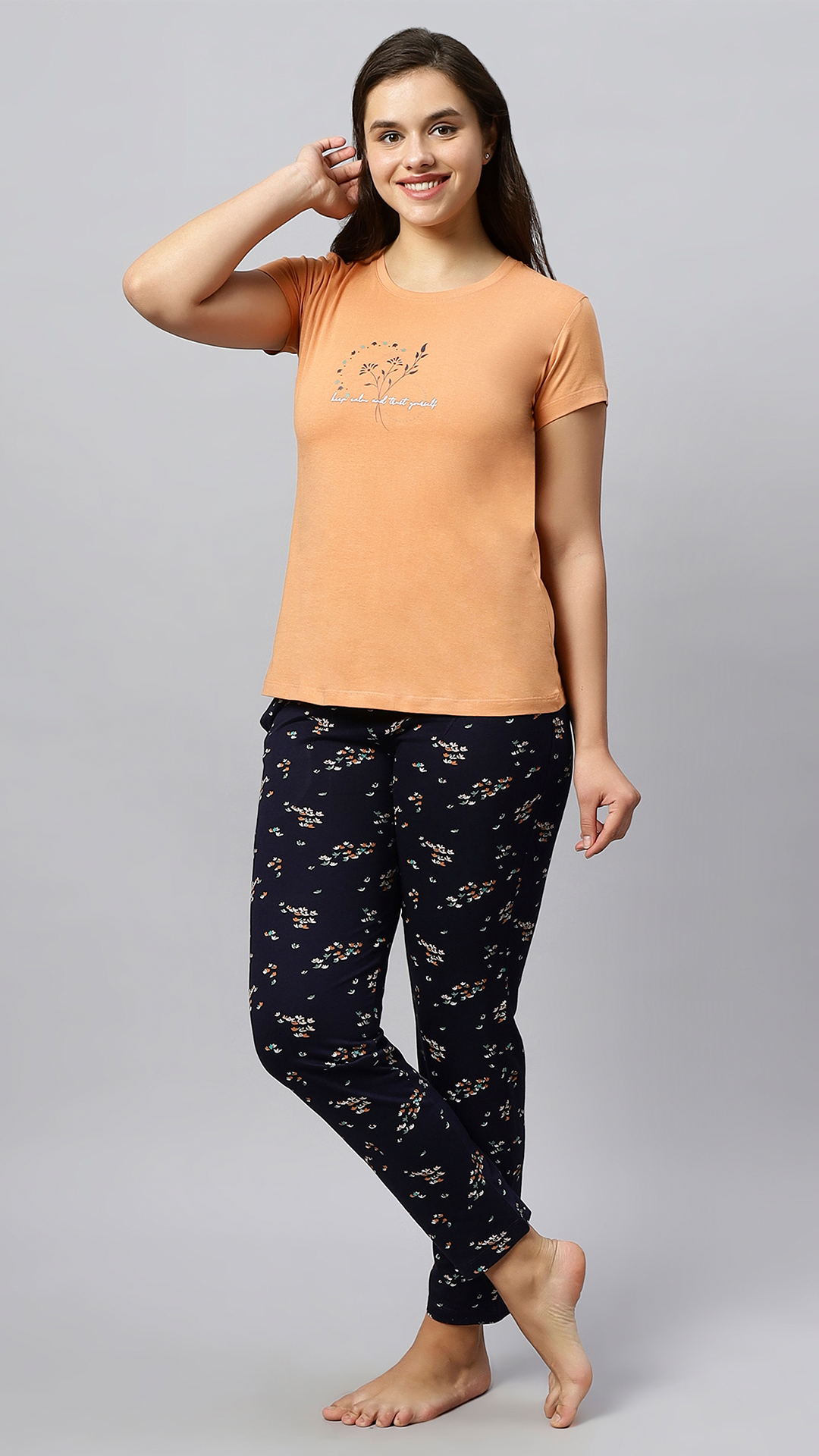 Sukanya Women's Printed Lounge Wear Top & Pyjama Set - Regular Fit, Ideal For Women's, Lounge Wear, Sinker Fabric, Half Sleeve, Orange, Round Neck