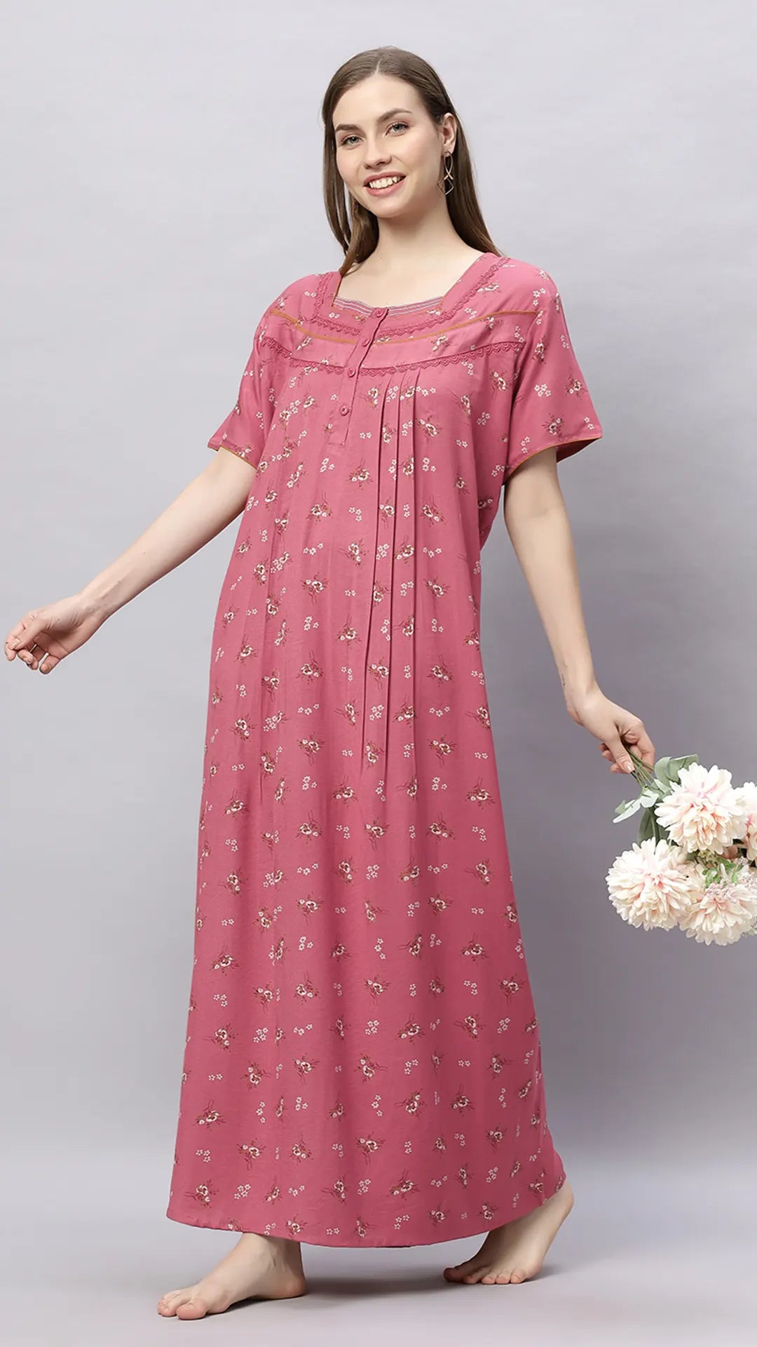 Sukanya Comfortable Women's Full Length Cotton Blend Half Sleeves Nighty, Soft and Elegant Print Sleepwear