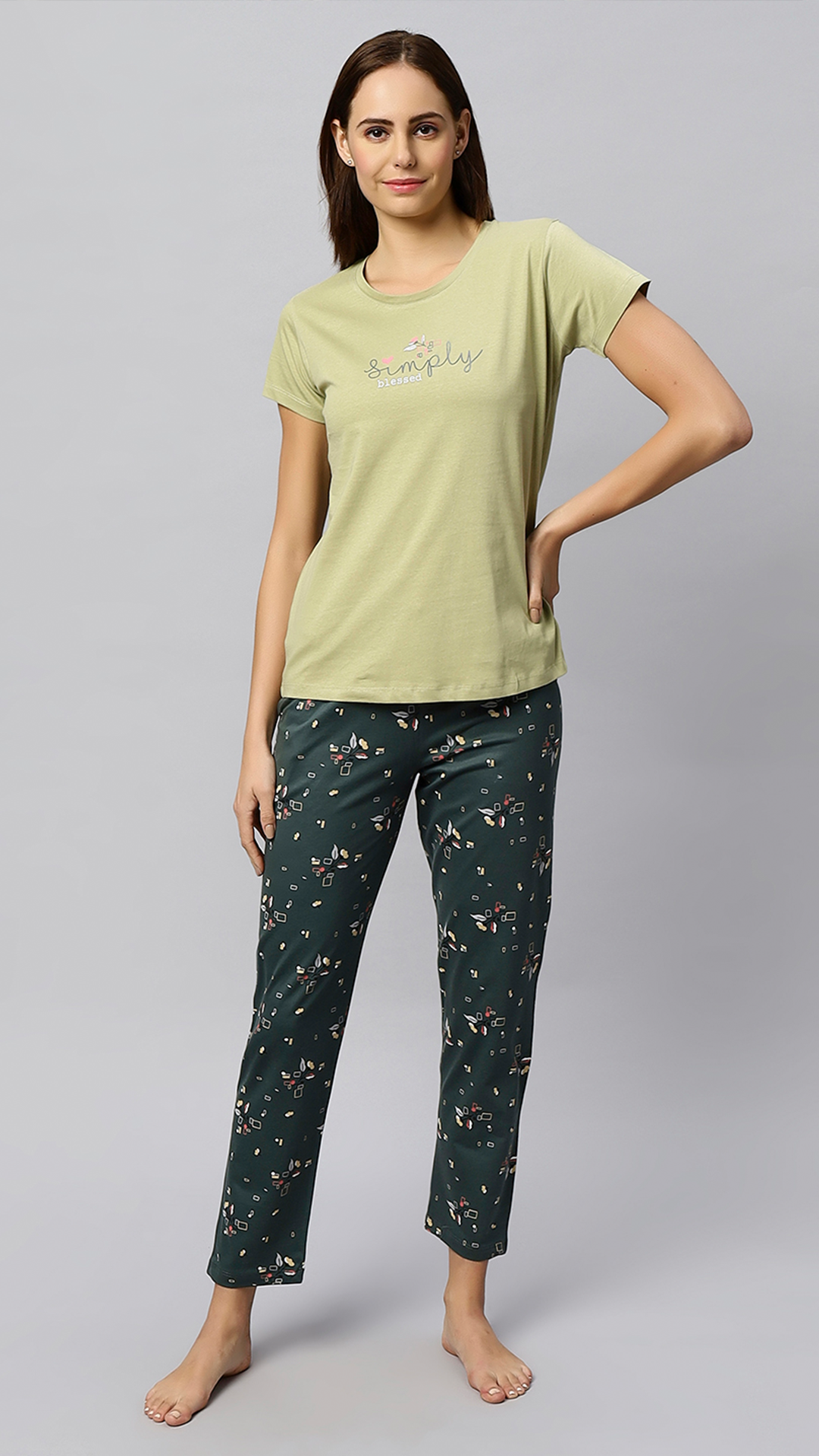Sukanya Women's Printed Top & Pyjama Set, Regular Fit, Ideal For Lounge Wear, Pista, Sinker Fabric, Half Sleeve, Round Neck