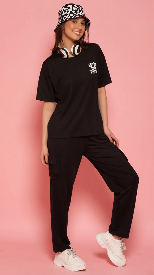 Lunica Women's Printed Sinker Nightsuit Set , Regular Fit Loungewear , Ideal for Women , Lounge Wear Nightdress Pyjama Set Sleepwear , Black Printed Half Sleeves Round Neck