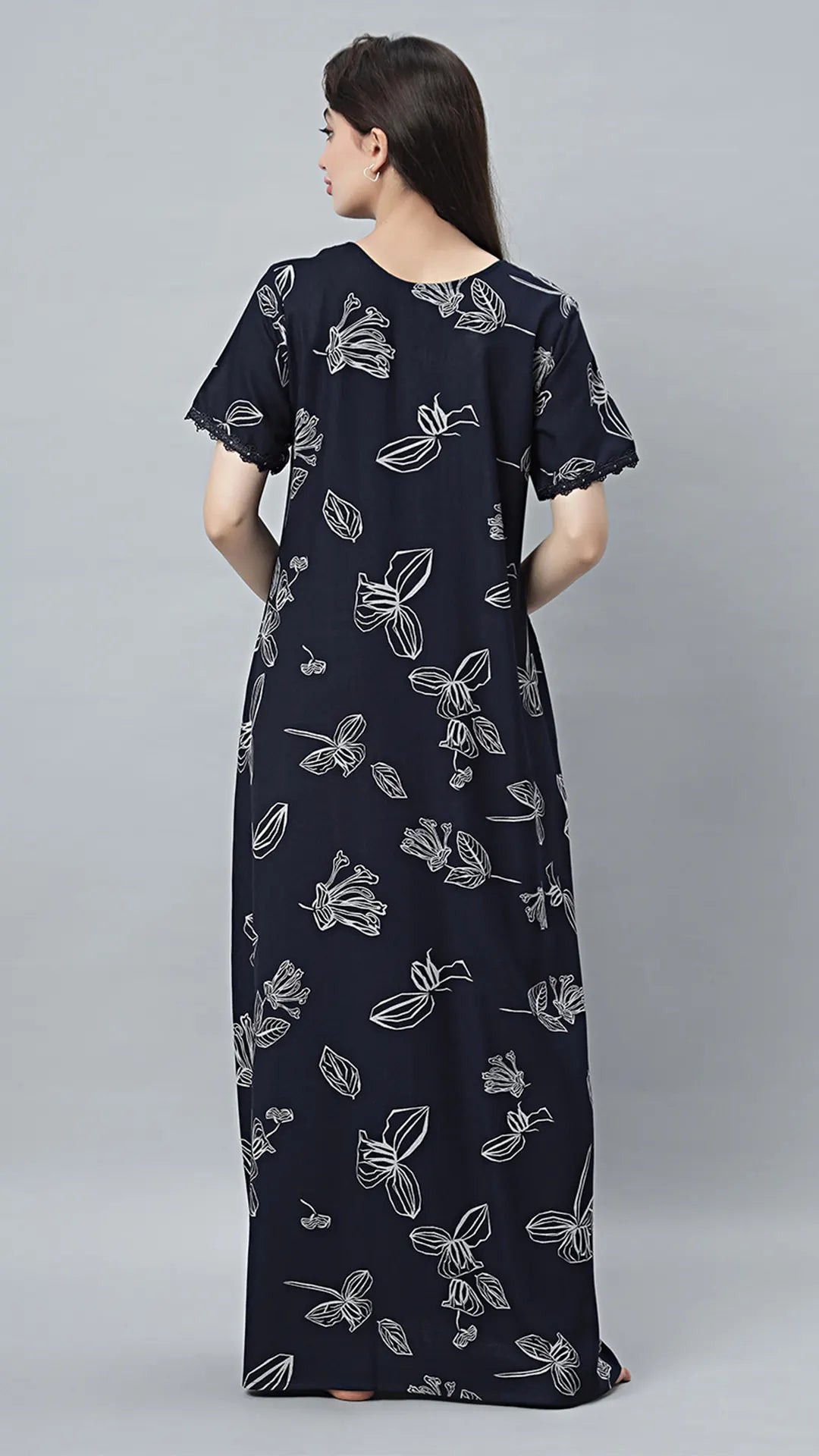 Sukanya Women's Black, Navy Blue & wine, Cotton Blend Printed Nighty - Half Sleeves, Round Neck, Long