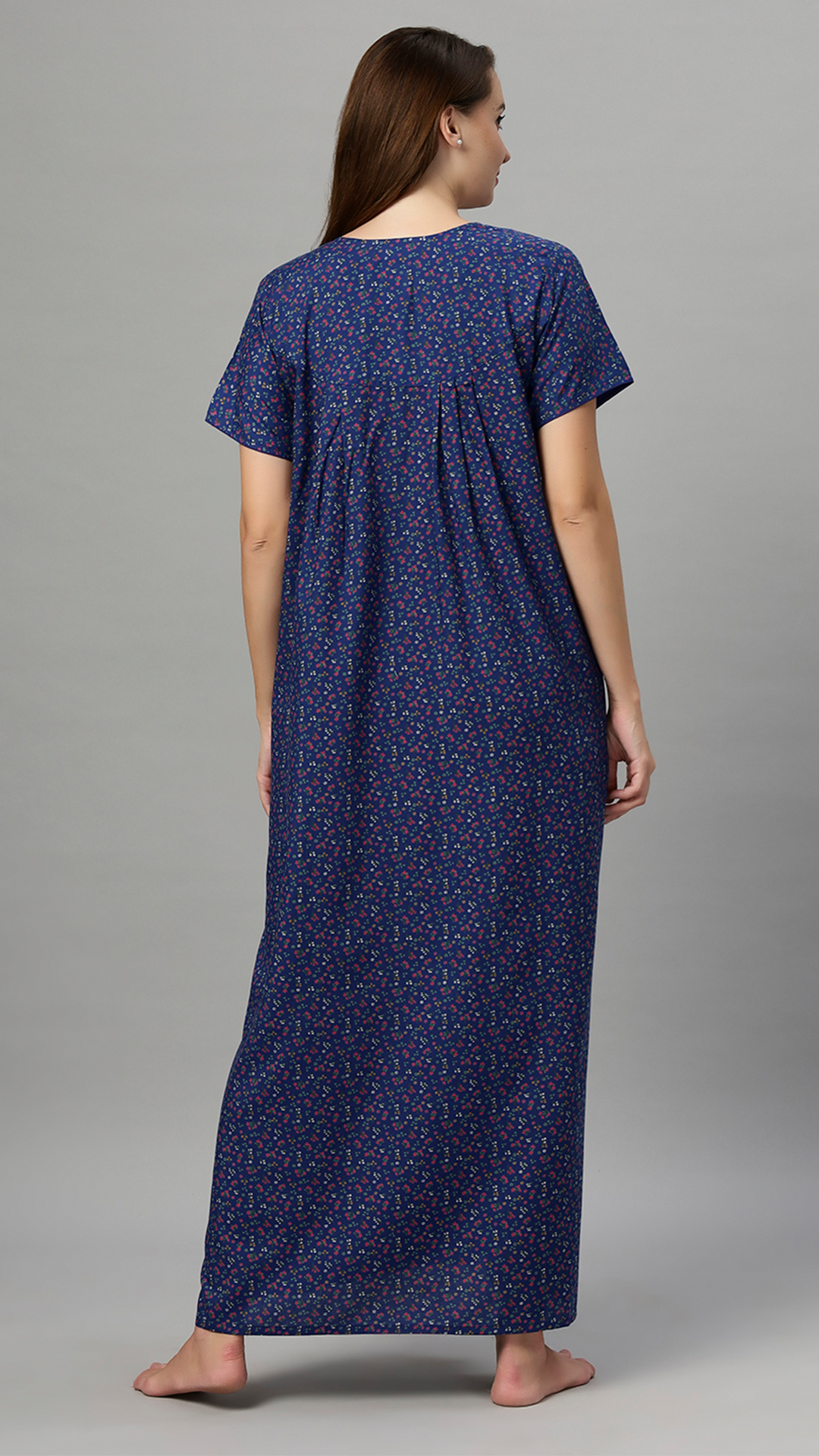 Sukanya Women's Floral Print Lounge Wear Gown - Poly Cotton, Regular Fit, Ideal For Women's, Lounge Wear, Flower Print, Half Sleeves, Round Neck, Blue, Red & Yellow