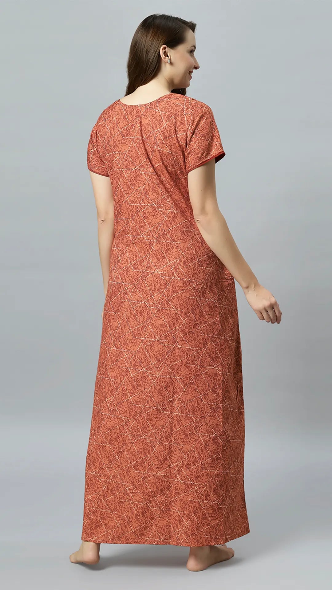 Sukanya Women's Printed Poly Cotton Lounge Wear Gown - Brown, Regular Fit, Ideal For: Women's, Occasion: Lounge Wear, Sleeve Type: Half Sleeves, Collar Type: V-neck