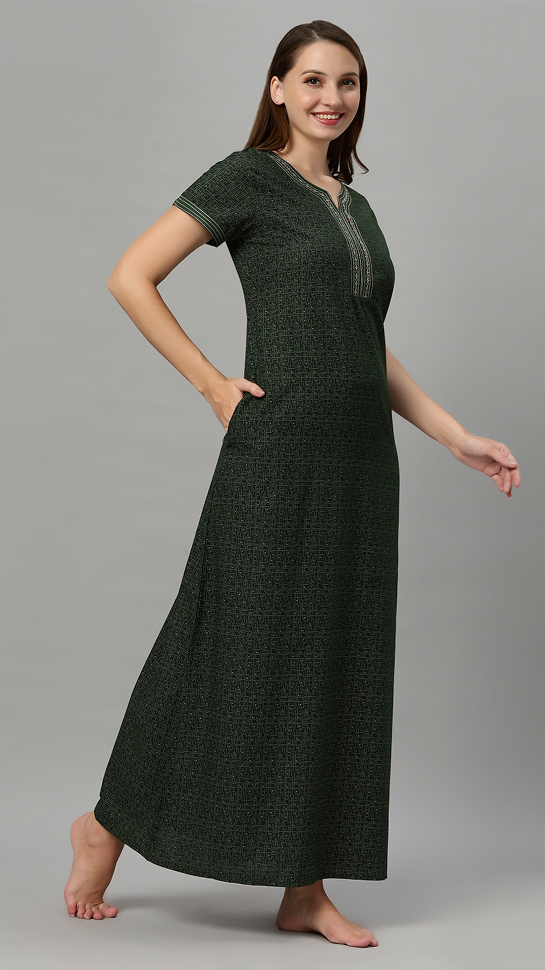 Sukanya Women's Printed Gowns - Poly Cotton, Regular Fit, Lounge Wear, Sukanya Women's Printed Gowns - Poly Cotton, Regular Fit, Lounge Wear, Half Sleeves, V Neck, Green, Blue & MaroonSleeves, V Neck
