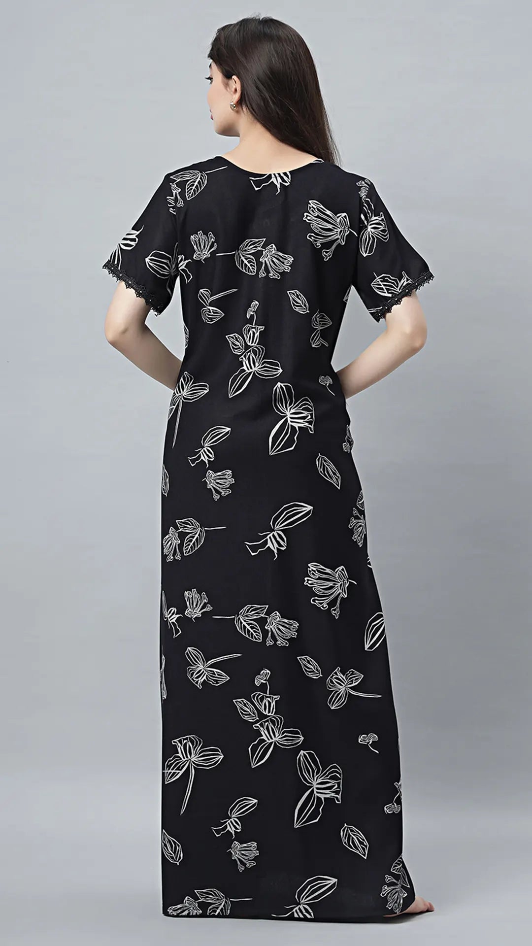 Sukanya Women's Black, Navy Blue & wine, Cotton Blend Printed Nighty - Half Sleeves, Round Neck, Long