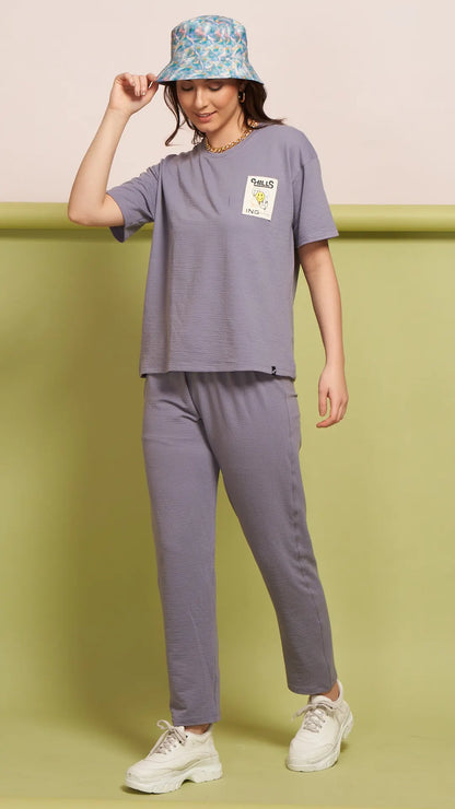 Lunica Women's Printed Sinker Nightsuit Set , Regular Fit Loungewear , Ideal for Women , Lounge Wear Nightdress Pyjama Set Sleepwear , Purple Printed Half Sleeves Round Neck