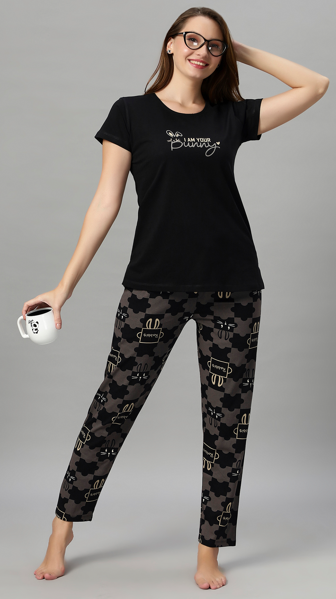 Sukanya Women's Printed Sinker Nightsuit Set | Regular Fit Loungewear | Ideal for Women | Lounge Wear Nightdress Pyjama Set Sleepwear | Black Printed Half Sleeves Collar Neck