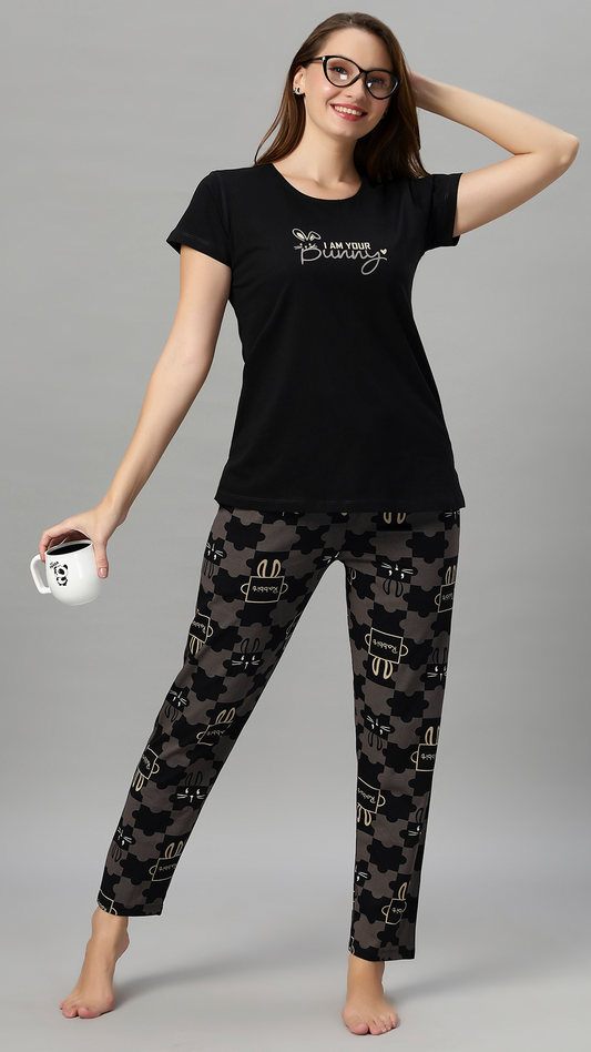 Sukanya Women's Printed Sinker Nightsuit Set | Regular Fit Loungewear | Ideal for Women | Lounge Wear Nightdress Pyjama Set Sleepwear | Black Printed Half Sleeves Collar Neck