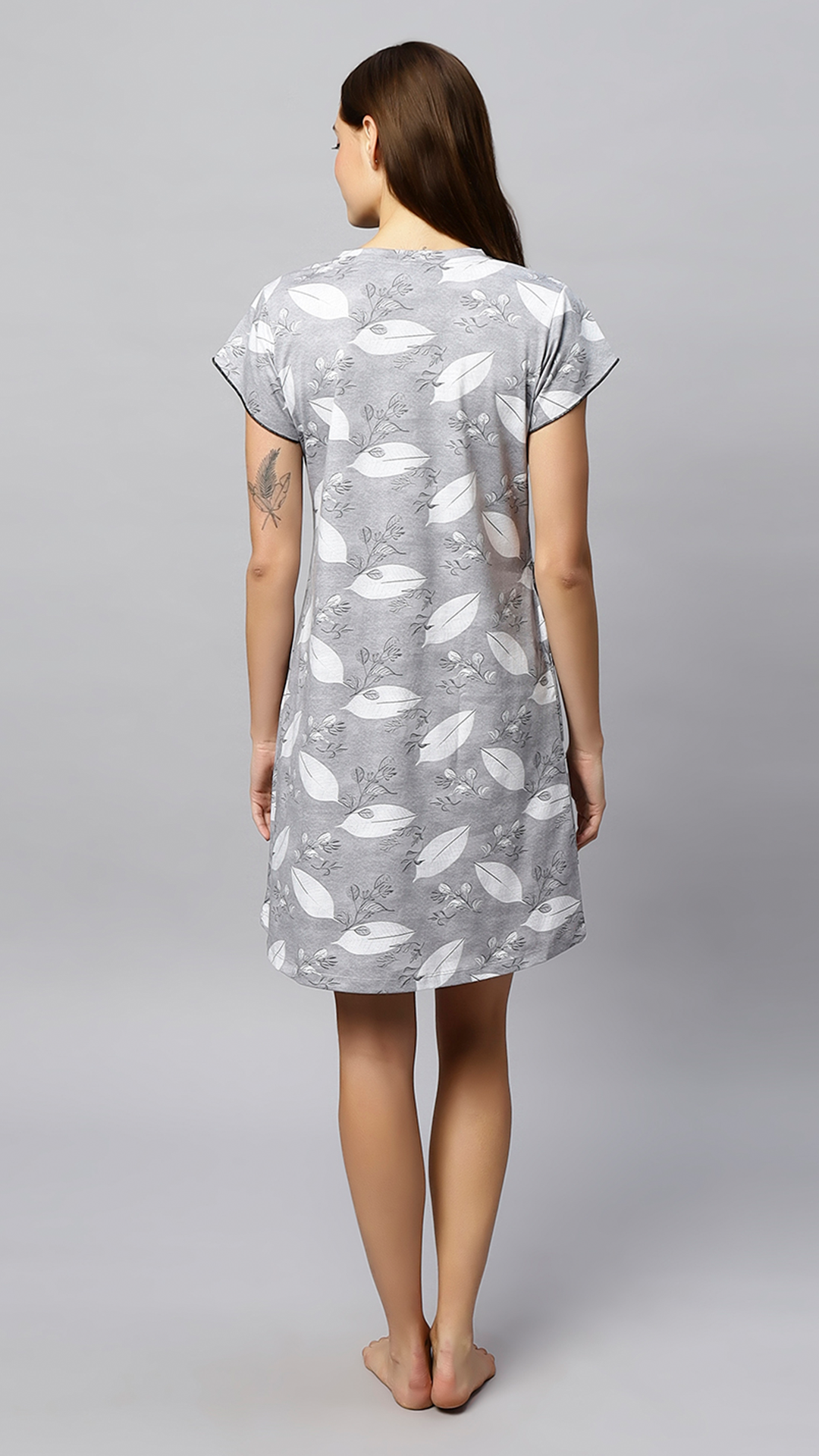 Sukanya Women's Printed Lounge Wear Gown - Regular Fit, Ideal for Lounge Wear, Sinker Fabric, Half Sleeves, Grey, Round Neck