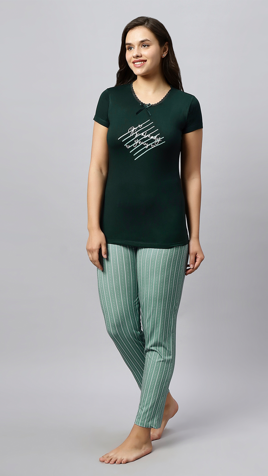 Sukanya Women's Printed Lounge Wear Top & Pyjama Set - Regular Fit, Ideal For Women's, Lounge Wear, Sinker Fabric, Half Sleeve, Round Neck, Green