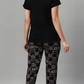 Sukanya Women's Printed Sinker Nightsuit Set | Regular Fit Loungewear | Ideal for Women | Lounge Wear Nightdress Pyjama Set Sleepwear | Black Printed Half Sleeves Collar Neck