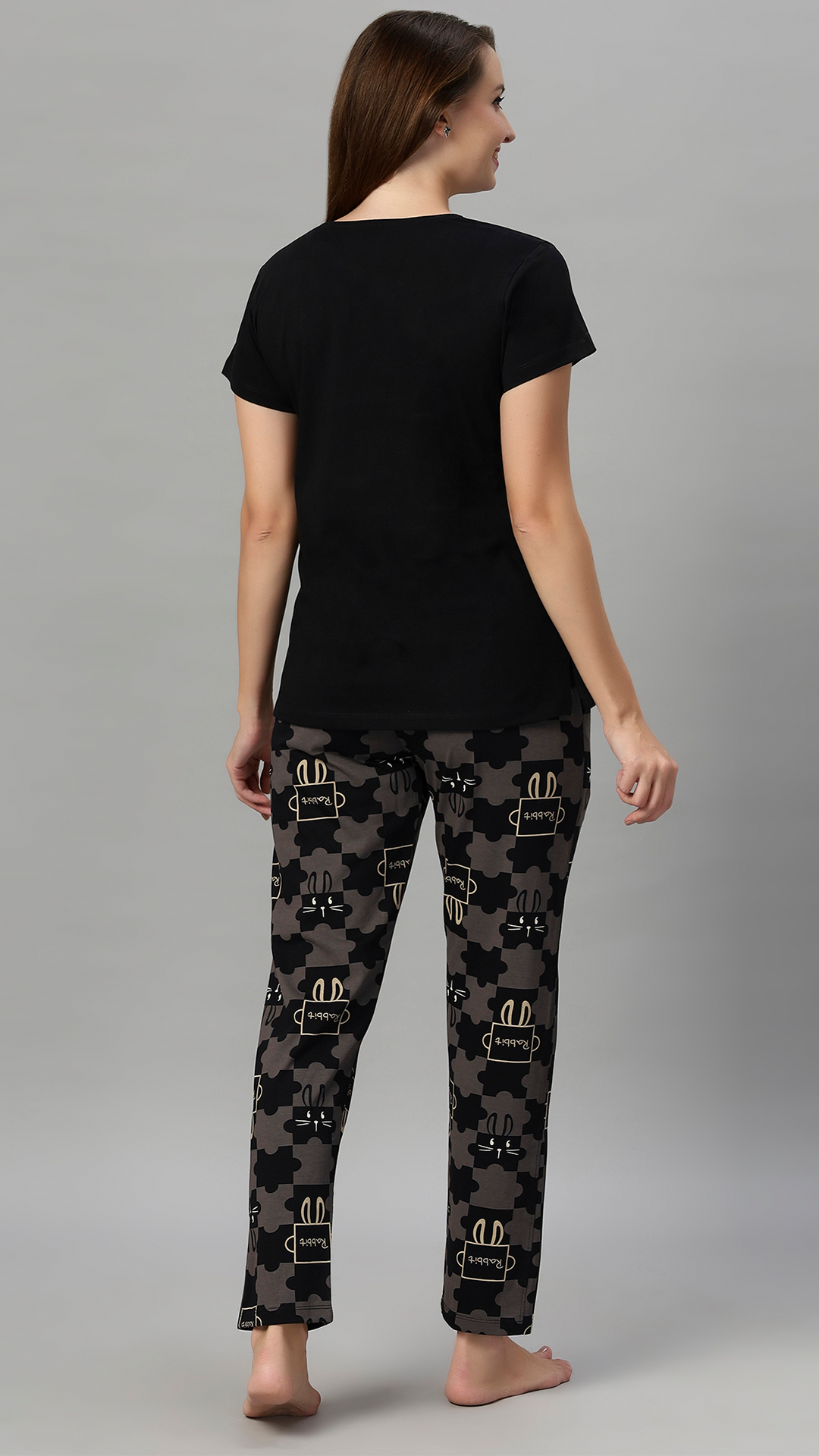Sukanya Women's Printed Sinker Nightsuit Set | Regular Fit Loungewear | Ideal for Women | Lounge Wear Nightdress Pyjama Set Sleepwear | Black Printed Half Sleeves Collar Neck