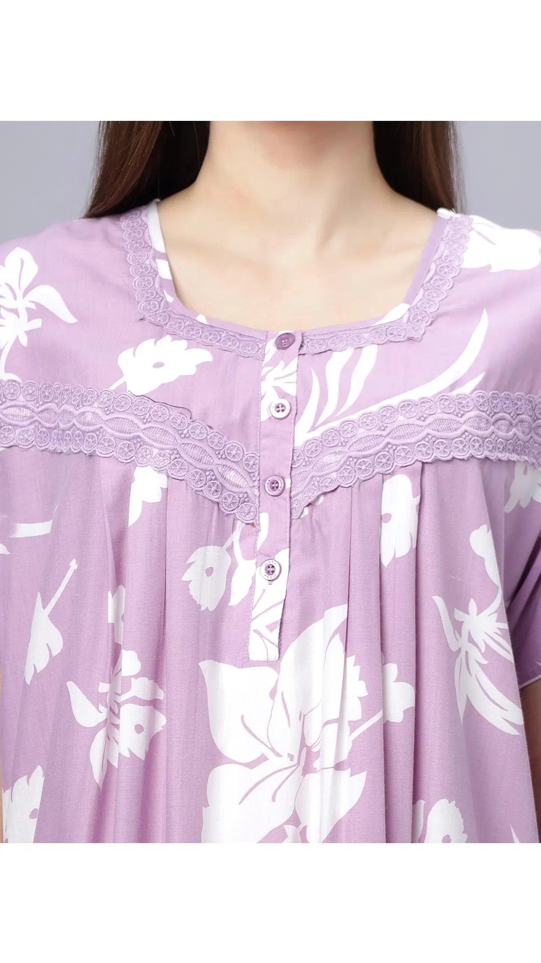 Sukanya Comfortable Women's Full Length Cotton Blend Half Sleeves Nighty, Khakhi, Green & Purple Soft and Elegant Print Sleepwear