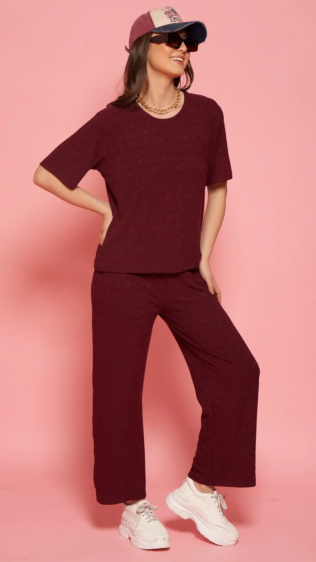 Lunica Women's Printed Sinker Nightsuit Set , Regular Fit Loungewear , Ideal for Women , Lounge Wear Nightdress Pyjama Set Sleepwear , Wine Printed Half Sleeves Round Neck