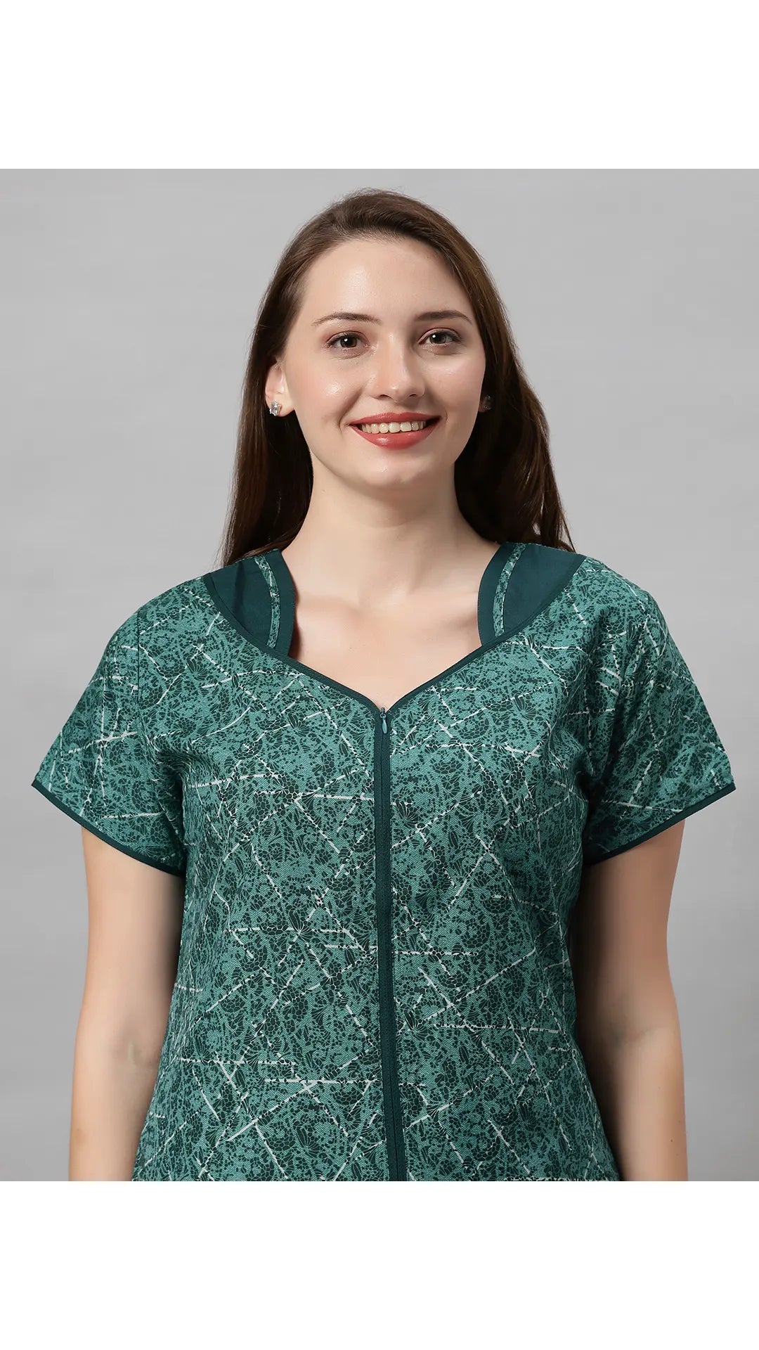 Sukanya Women's Printed Poly Cotton Lounge Wear Gown - Brown, Regular Fit, Ideal For: Women's, Occasion: Lounge Wear, Sleeve Type: Half Sleeves, Collar Type: V-neck