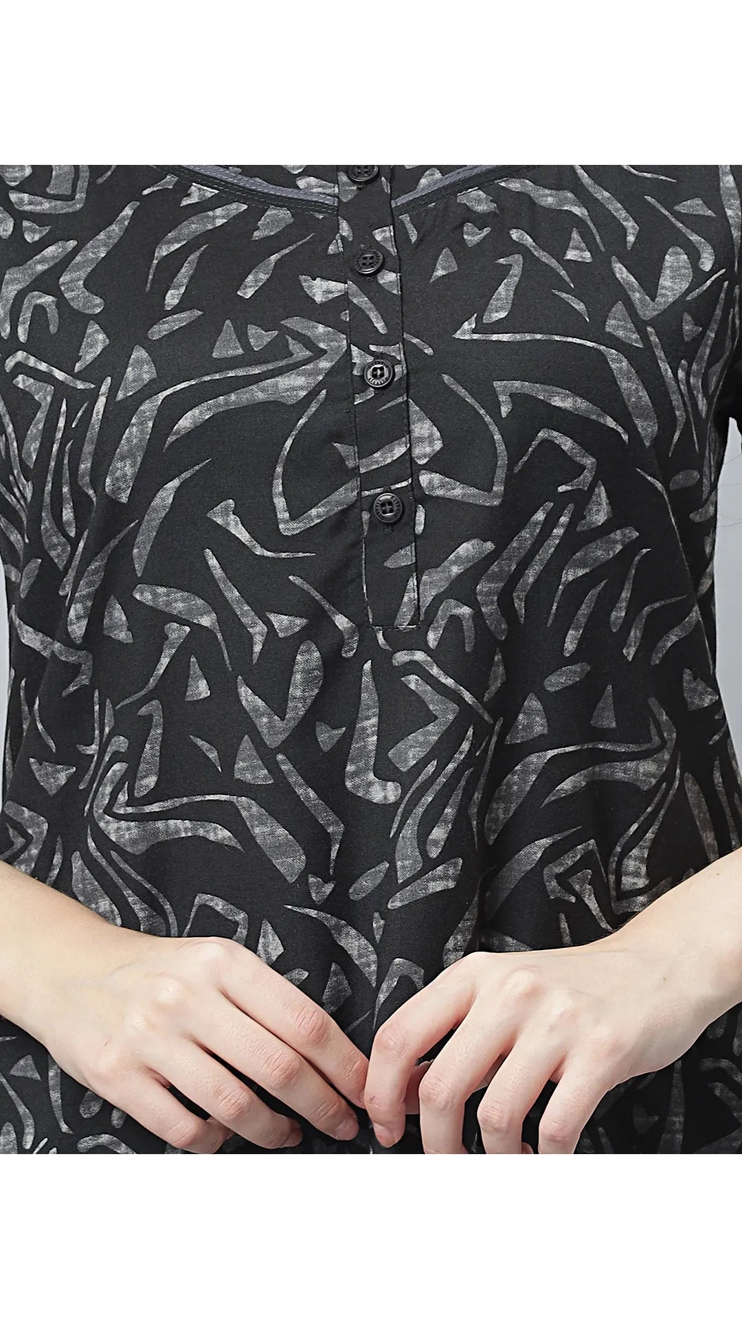 Sukanya Women's Black Cotton Blend Printed Nighty - Half Sleeves, Round Neck, Long