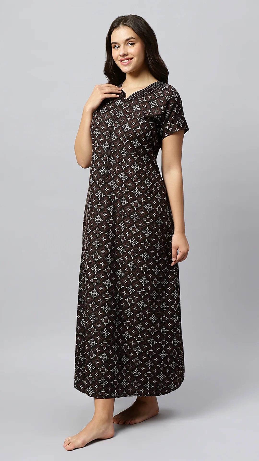 Sukanya Women's Geometrical Lounge Wear Gown - Coffee, Blue & Wine Poly Cotton, Regular Fit, Half Sleeves, Round Neck