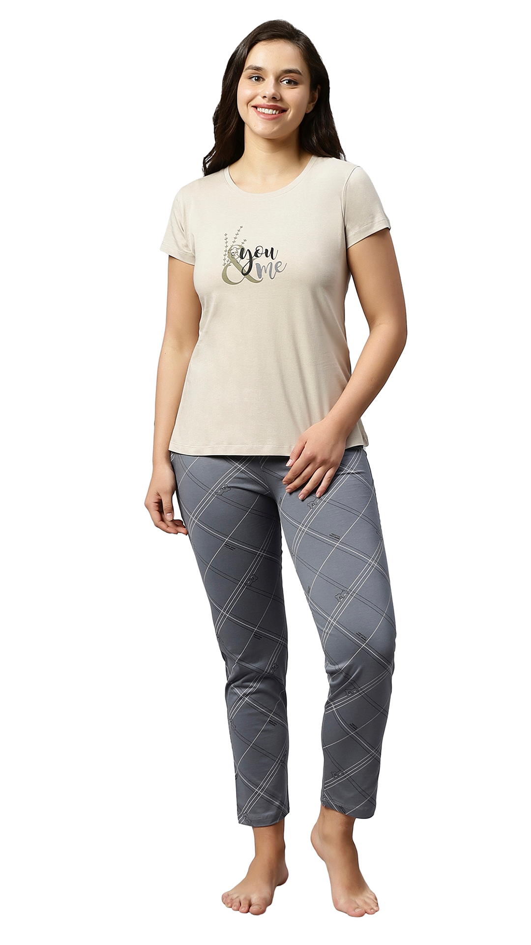Sukanya Women's Printed Lounge Wear Top & Pyjama Set - Grey, Sinker Fabric, Regular Fit, Ideal For Women's, Lounge Wear, Half Sleeve, Round Neck