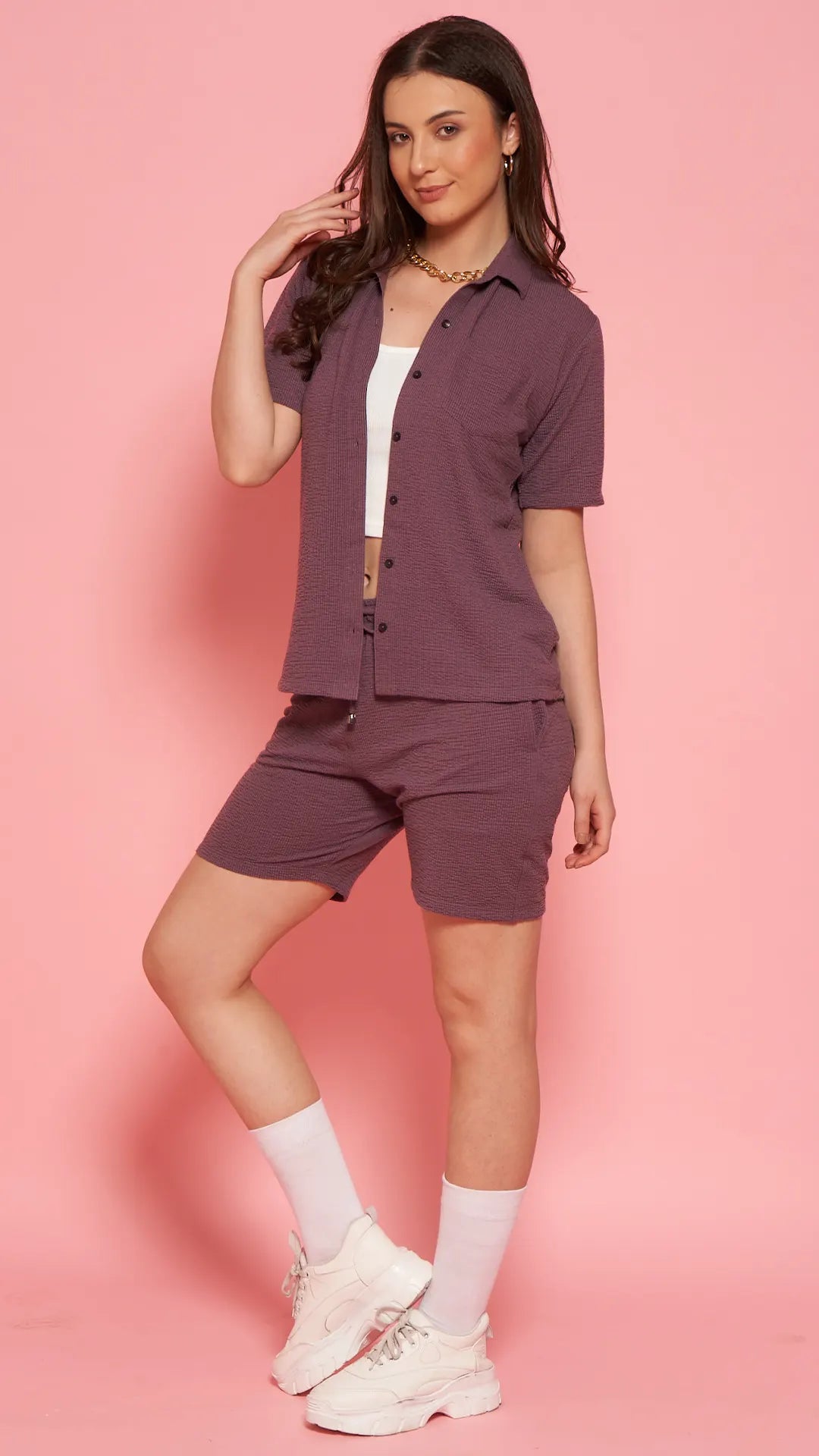 Lunica Women's Printed Sinker Nightsuit Set , Regular Fit Loungewear , Ideal for Women , Lounge Wear Nightdress Bermuda Set Sleepwear , Mauve Printed Half Sleeves Round Neck