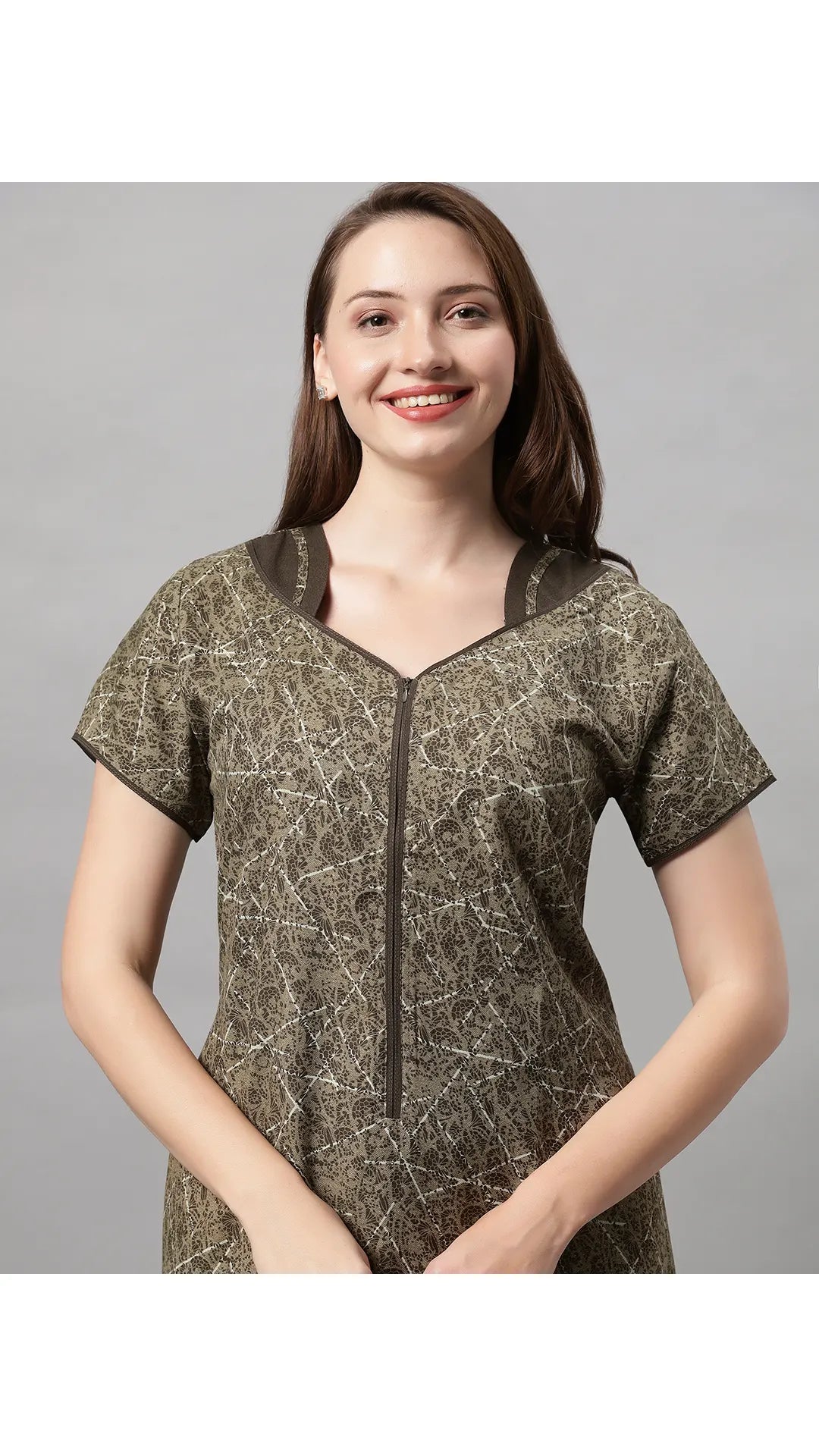 Sukanya Women's Printed Poly Cotton Lounge Wear Gown - Brown, Regular Fit, Ideal For: Women's, Occasion: Lounge Wear, Sleeve Type: Half Sleeves, Collar Type: V-neck