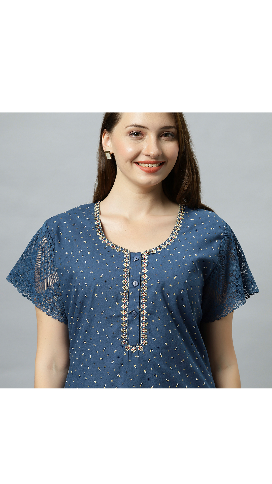 Sukanya Women's Embroidered Poly Cotton Lounge Wear Gown -  Regular Fit, Ideal For Women's, Lounge Wear, Half Sleeves, Round Neck